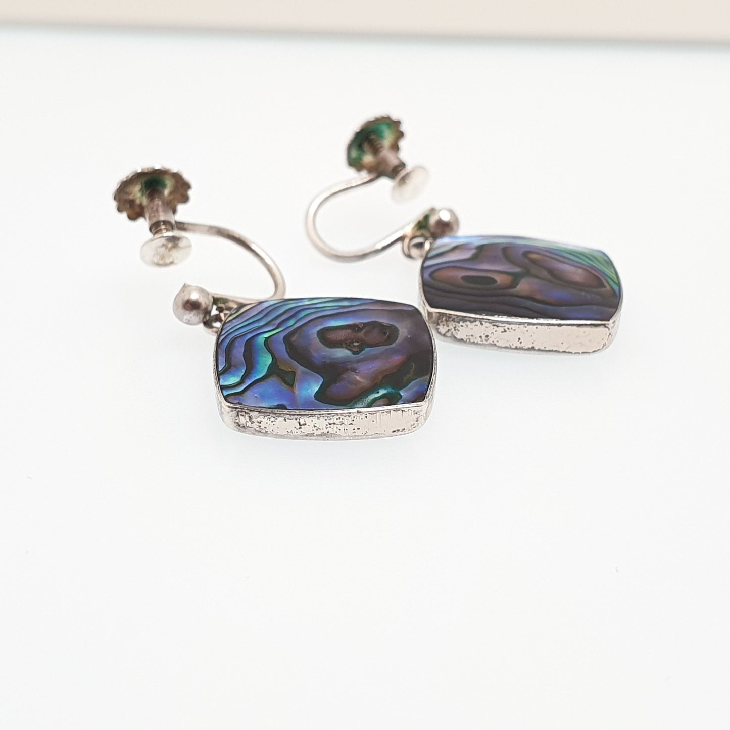 Old Vintage Sterling Silver Abalone Earrings Rainbow Shell Kiwi New Zealand Hanging Square Drop Womens Ladies Jewelry Retro Jewellery