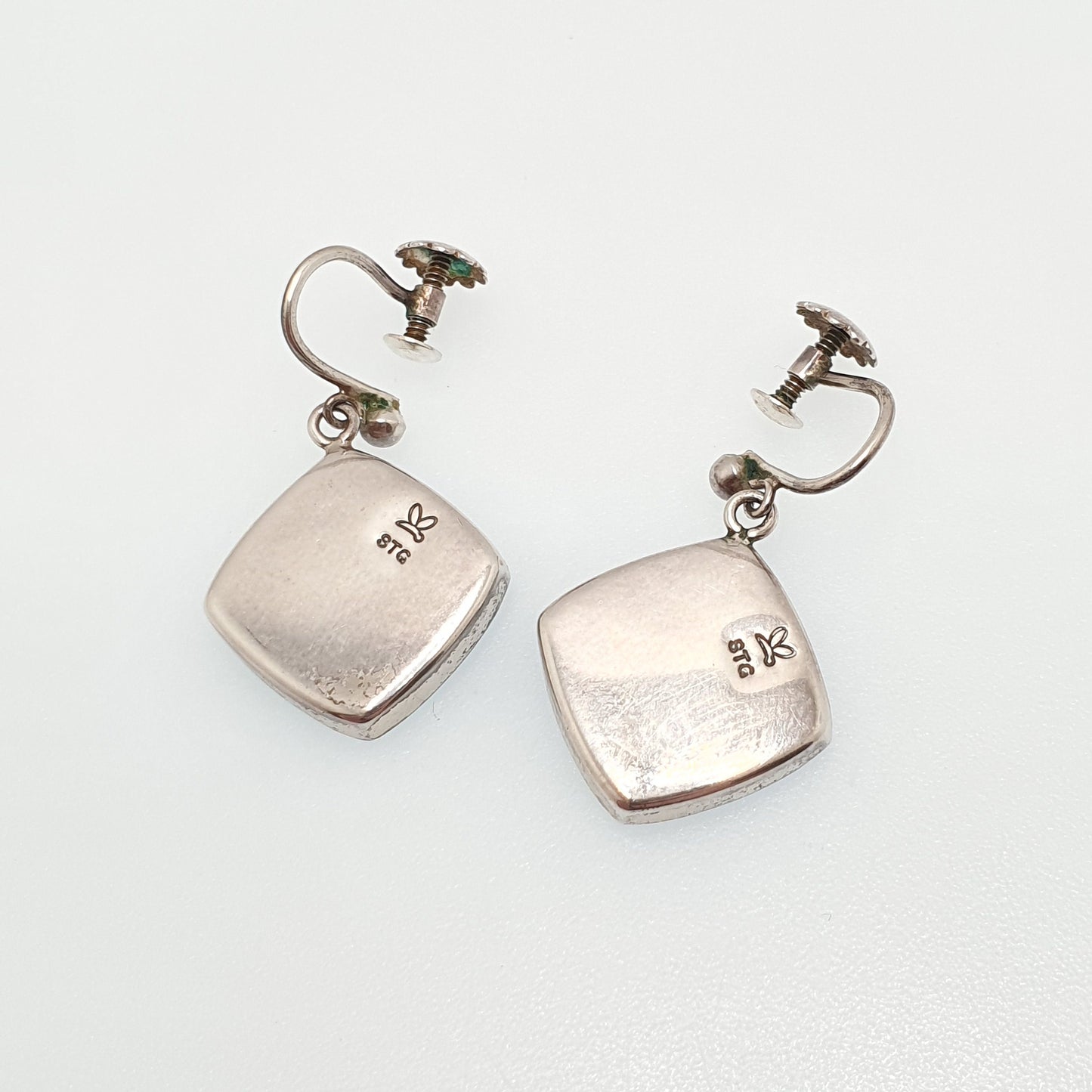 Old Vintage Sterling Silver Abalone Earrings Rainbow Shell Kiwi New Zealand Hanging Square Drop Womens Ladies Jewelry Retro Jewellery