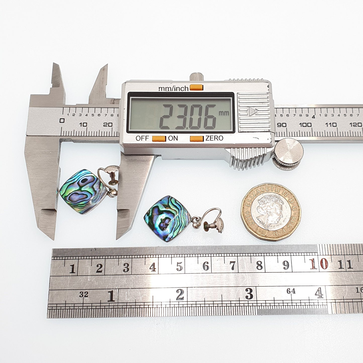 Old Vintage Sterling Silver Abalone Earrings Rainbow Shell Kiwi New Zealand Hanging Square Drop Womens Ladies Jewelry Retro Jewellery