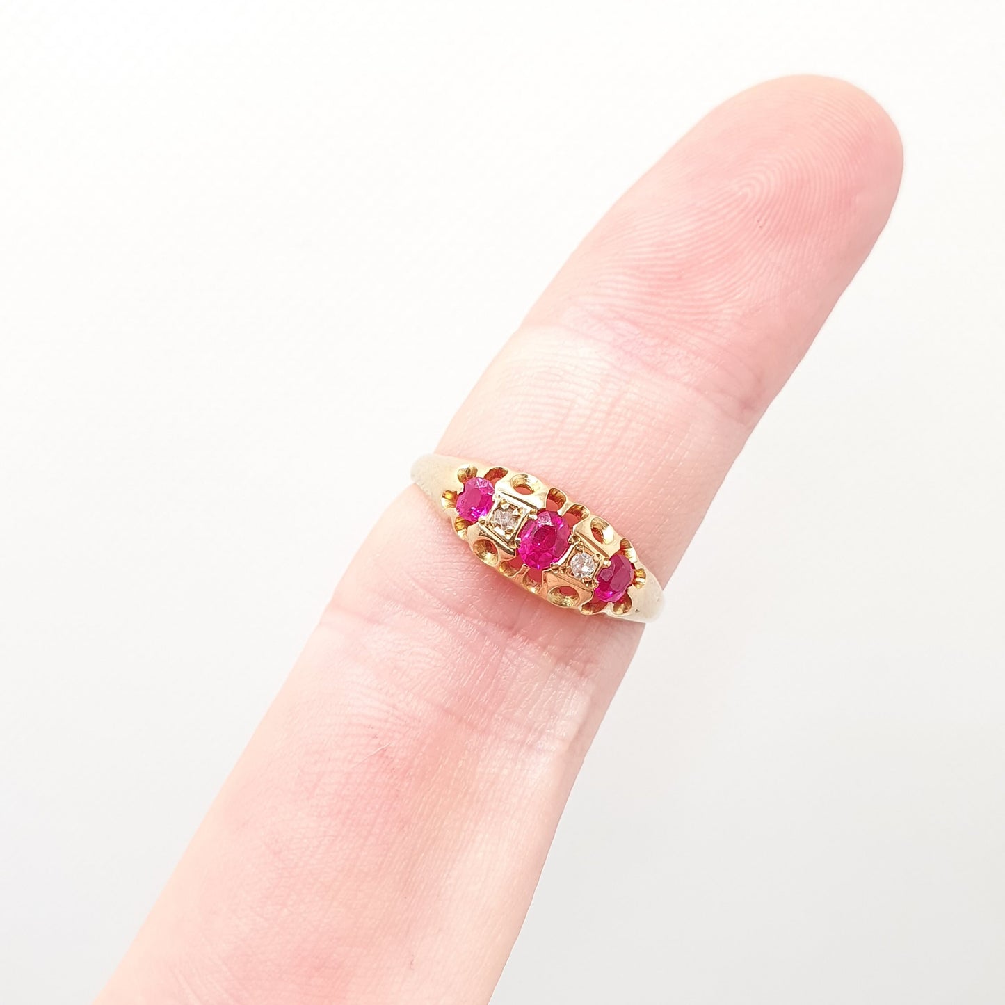 Antique 18ct 18k Gold Ruby & Diamond Ring Vintage Solid 750 Gypsy Trilogy 3 Stone Gemstone Yellow Art Nouveau Womens Jewelry Jewellery