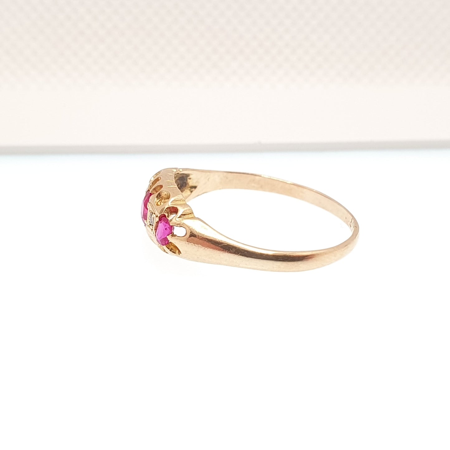 Antique 18ct 18k Gold Ruby & Diamond Ring Vintage Solid 750 Gypsy Trilogy 3 Stone Gemstone Yellow Art Nouveau Womens Jewelry Jewellery