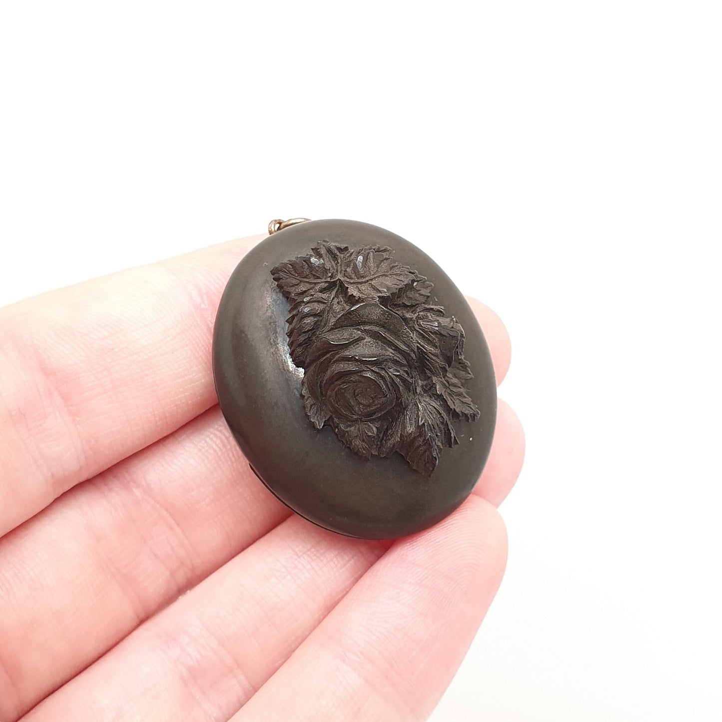 Antique Victorian Vulcanite Locket Pendant Cameo Flower Necklace Whitby Jet Imitation Mourning Ebonite Large Jewelry Jewellery Vintage