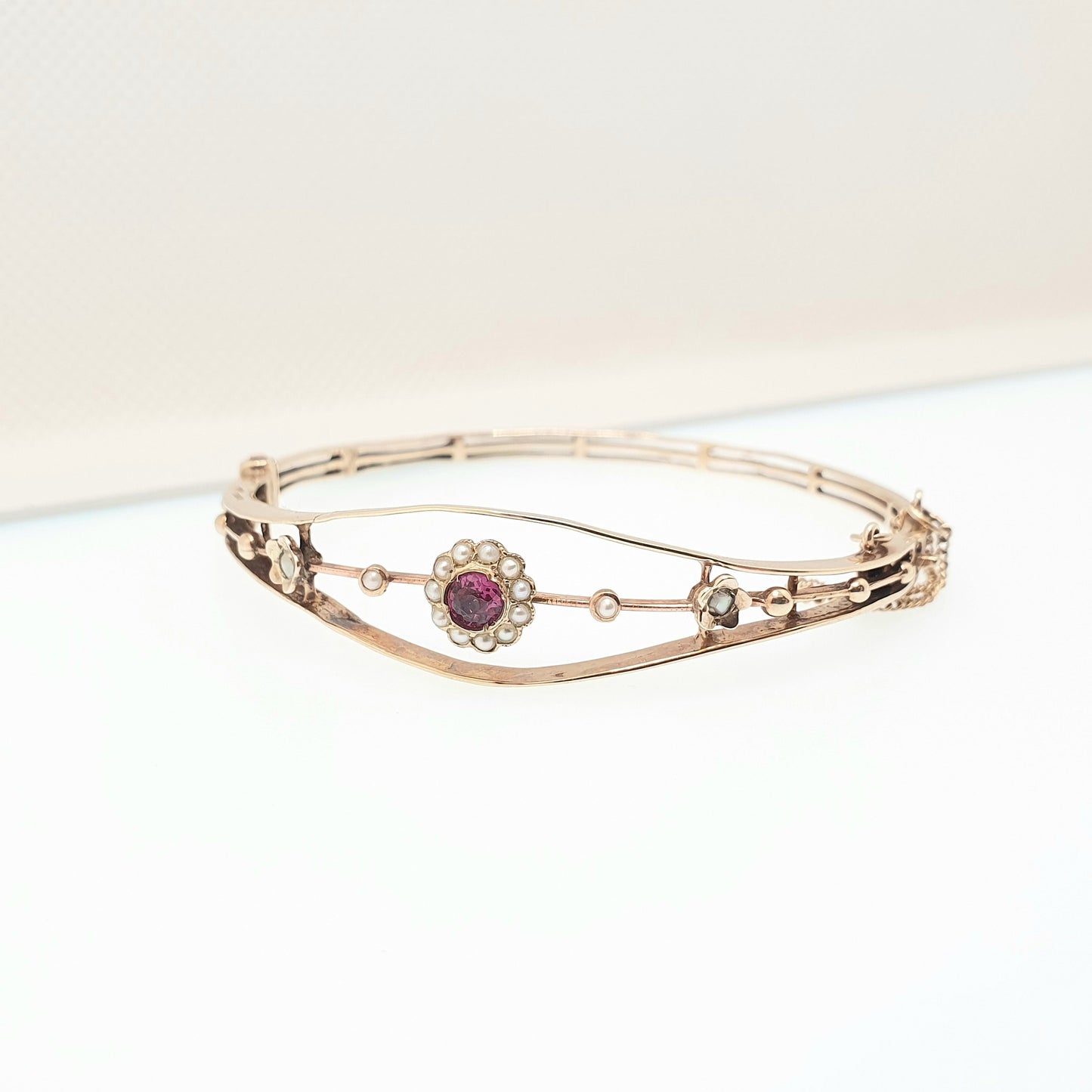Antique Victorian 9ct Gold Pink Garnet & Pearl Bracelet Bangle Solid 9k 375 Rose Seed Pearl Late 1800s Vintage Jewelry Jewellery Womens