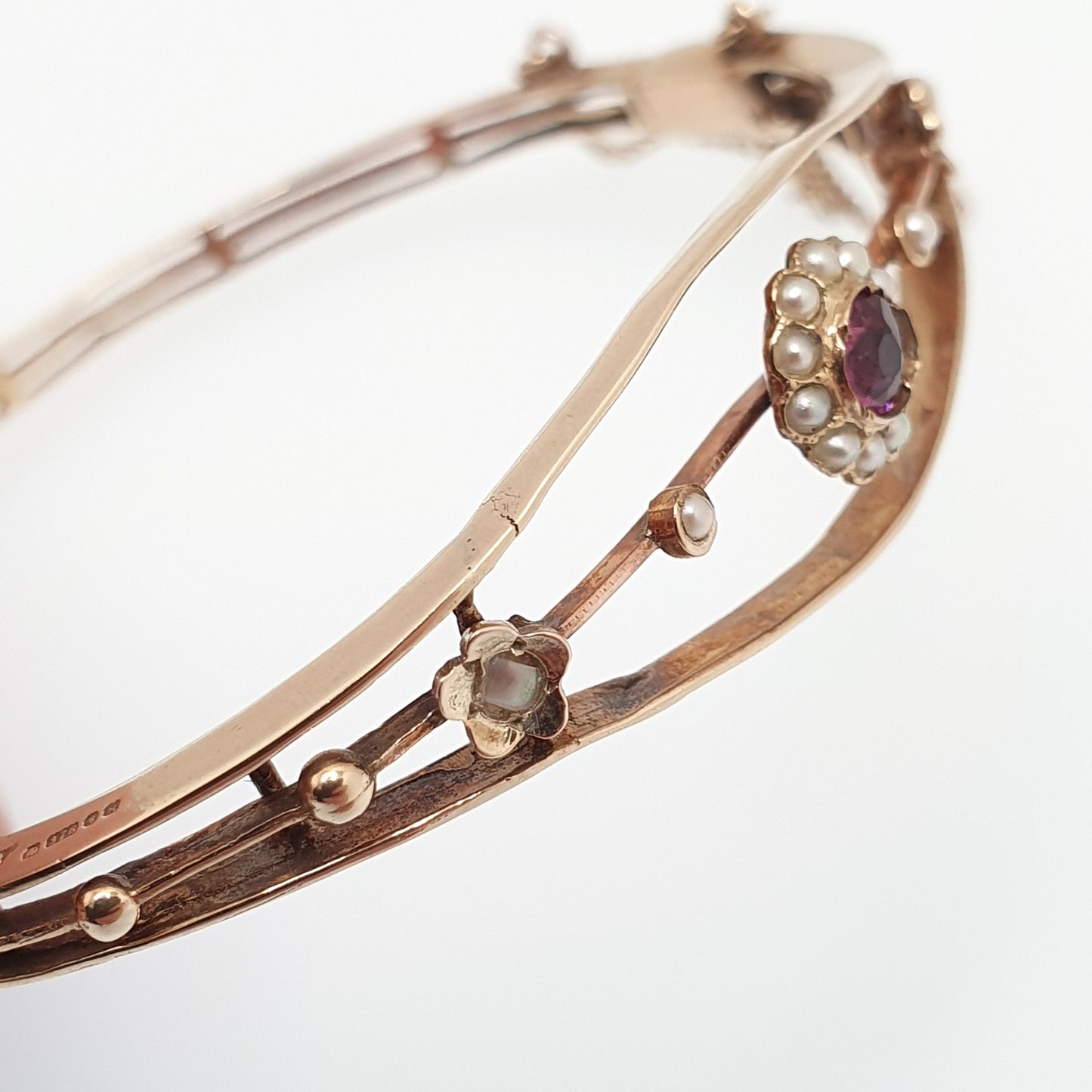Antique Victorian 9ct Gold Pink Garnet & Pearl Bracelet Bangle Solid 9k 375 Rose Seed Pearl Late 1800s Vintage Jewelry Jewellery Womens