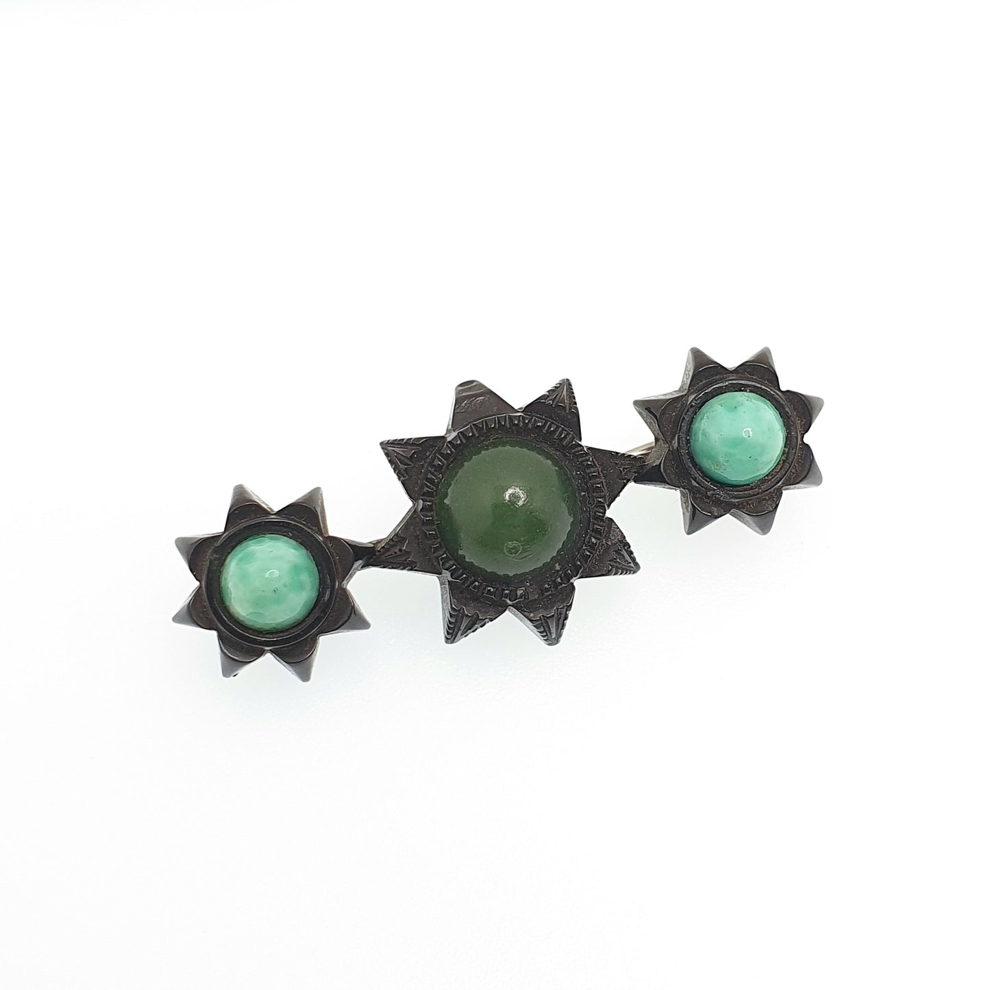 Antique Whitby Jet Star Brooch Nephrite New Zealand Jade & Peking Glass Finely Carved Mourning Stars Jewelry Jewellery Womens Vintage