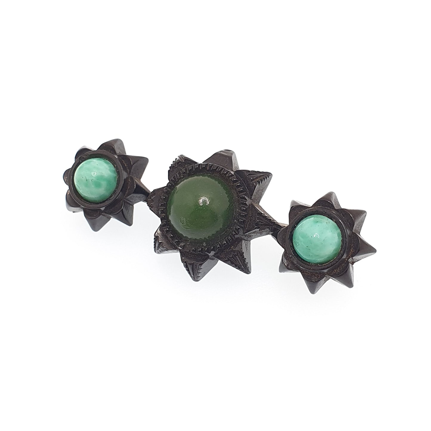 Antique Whitby Jet Star Brooch Nephrite New Zealand Jade & Peking Glass Finely Carved Mourning Stars Jewelry Jewellery Womens Vintage