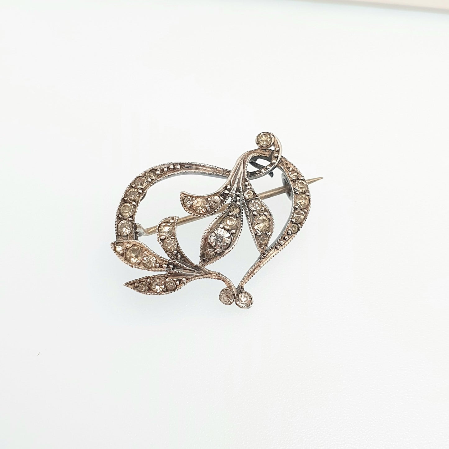 Antique Victorian Solid Silver Diamond Paste Brooch Pin Scroll Flower Late 1800s Sparkly Old Cut Foiled Glass Fine Cute Jewelry Jewellery