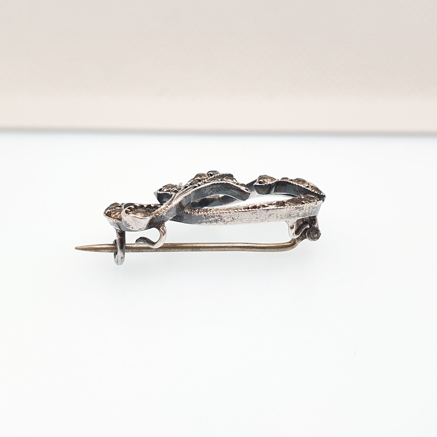 Antique Victorian Solid Silver Diamond Paste Brooch Pin Scroll Flower Late 1800s Sparkly Old Cut Foiled Glass Fine Cute Jewelry Jewellery