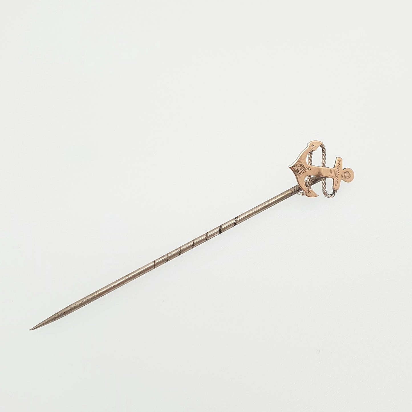 Antique Solid Silver Anchor Stick Pin 9ct Rose Gold Front Victorian Rope Hope Sailing Boat Lucky Good Luck Lapel Jacket Mens Gents Gentleman
