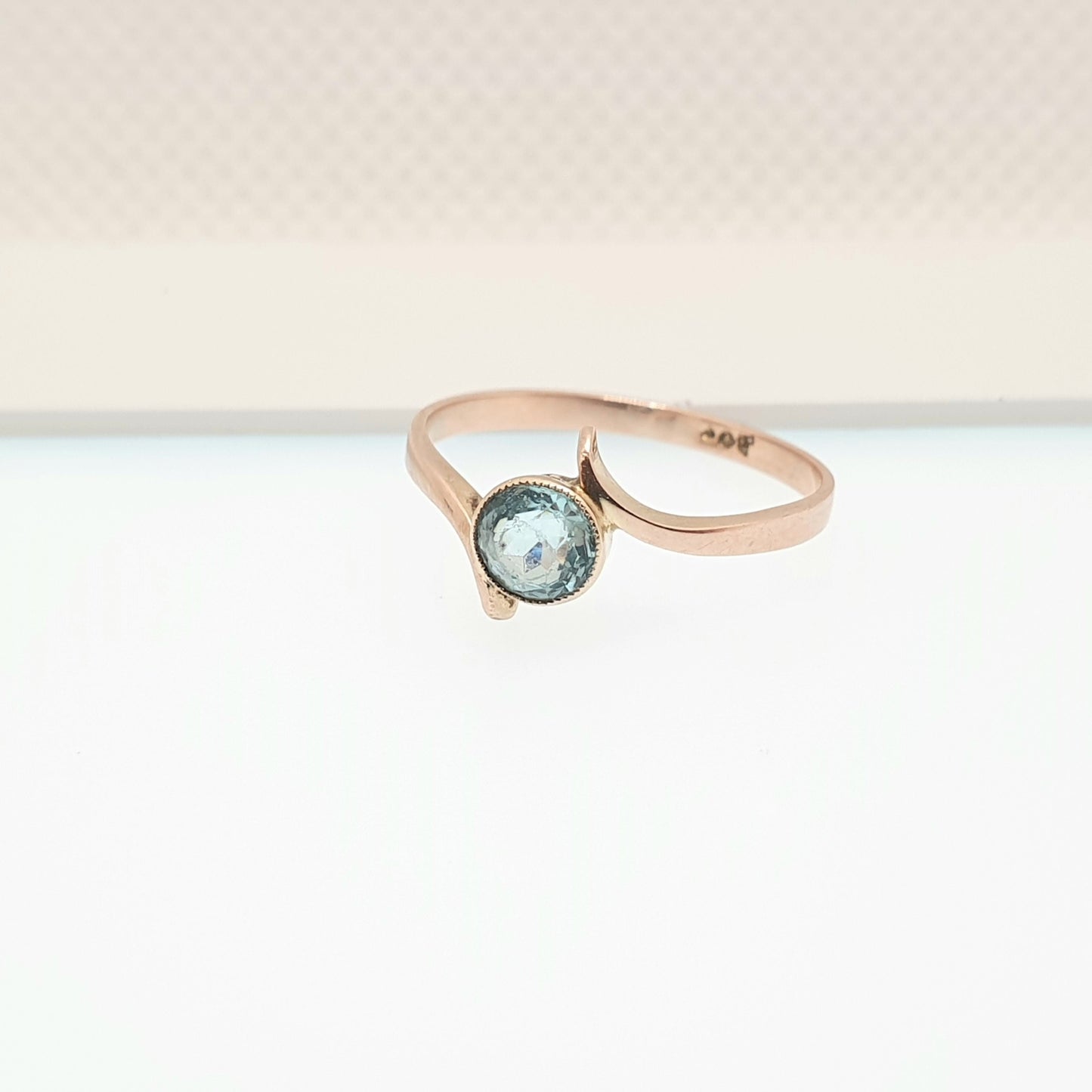 Antique 9ct 9k Gold Aquamarine Paste Ring Edwardian 1900s Solitaire Rose Gold Light Blue Solid 375 Fine Vintage Womens Jewelry Jewellery
