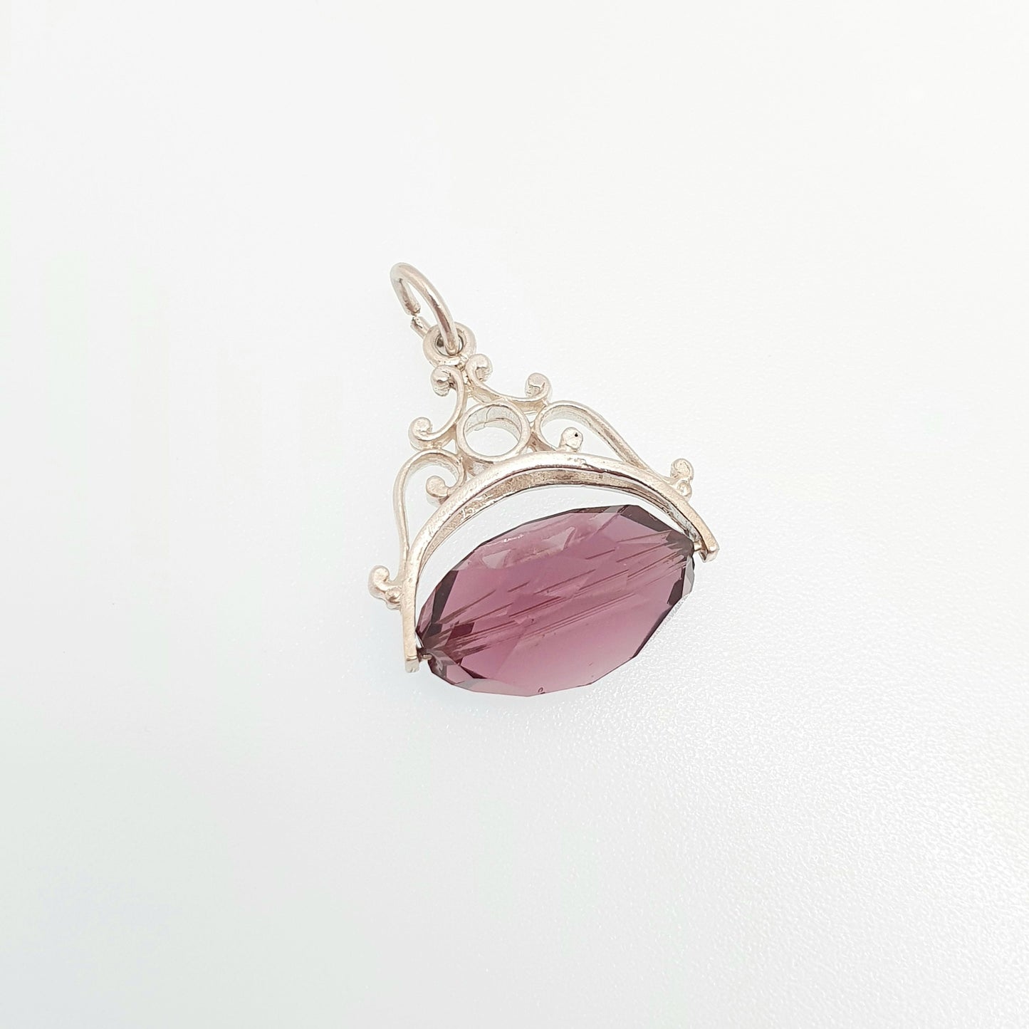 Vintage Sterling Silver Spinner Fob Necklace Pendant Victorian Revival Amethyst Paste Glass Purple Gemstone Mens Womens Jewelry Jewellery
