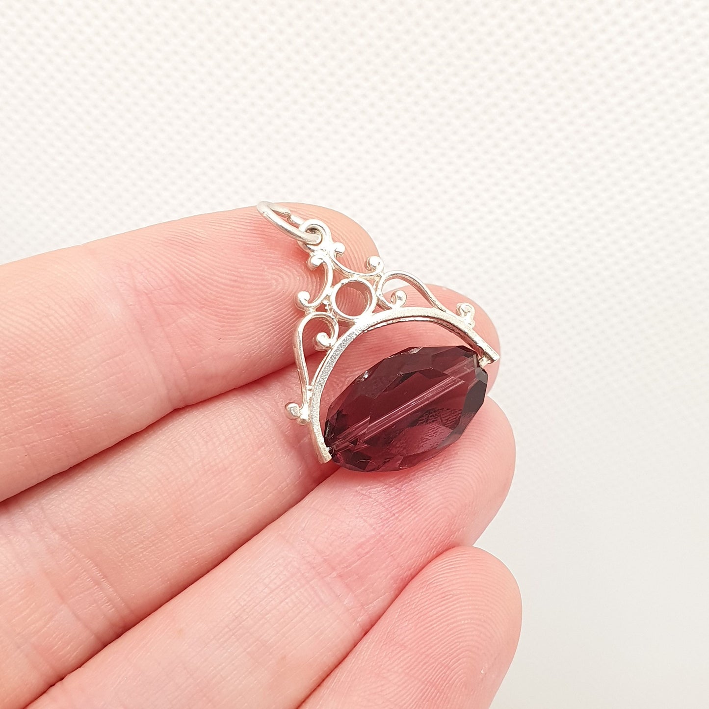 Vintage Sterling Silver Spinner Fob Necklace Pendant Victorian Revival Amethyst Paste Glass Purple Gemstone Mens Womens Jewelry Jewellery