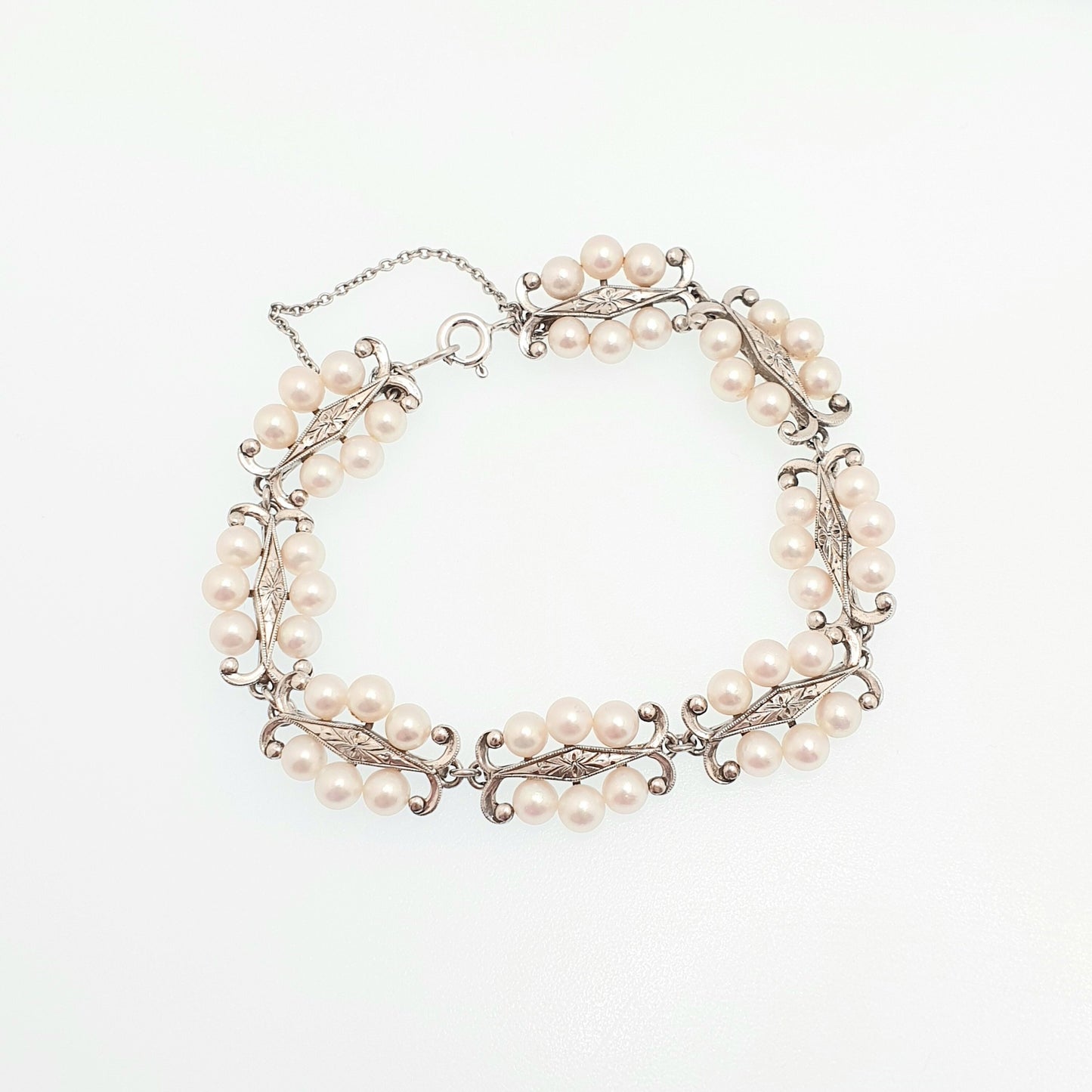 Vintage MIKIMOTO Pearl Bracelet Sterling Silver Cultured Pearls Genuine Real Fine 18cm 7" 18.22g Japanese Japan Womens Jewelry Jewellery
