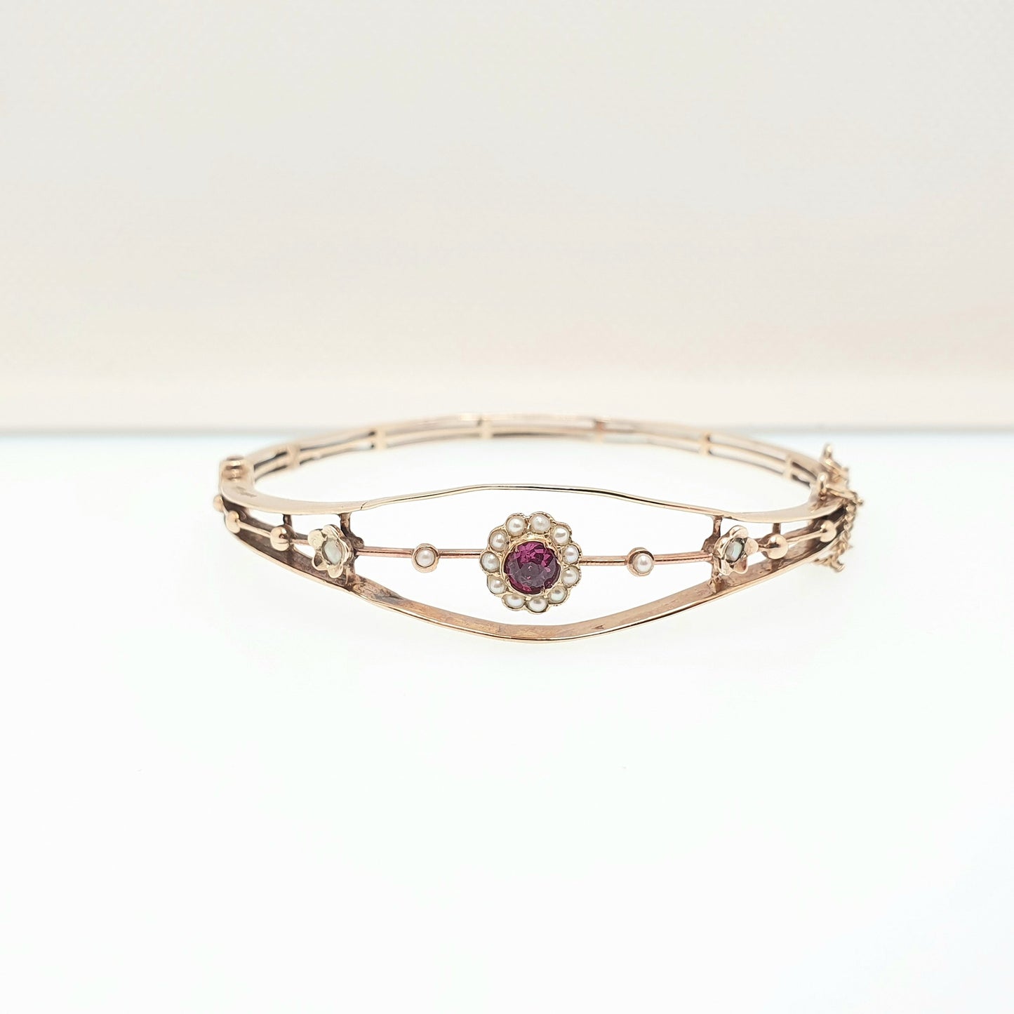 Antique Victorian 9ct Gold Pink Garnet & Pearl Bracelet Bangle Solid 9k 375 Rose Seed Pearl Late 1800s Vintage Jewelry Jewellery Womens
