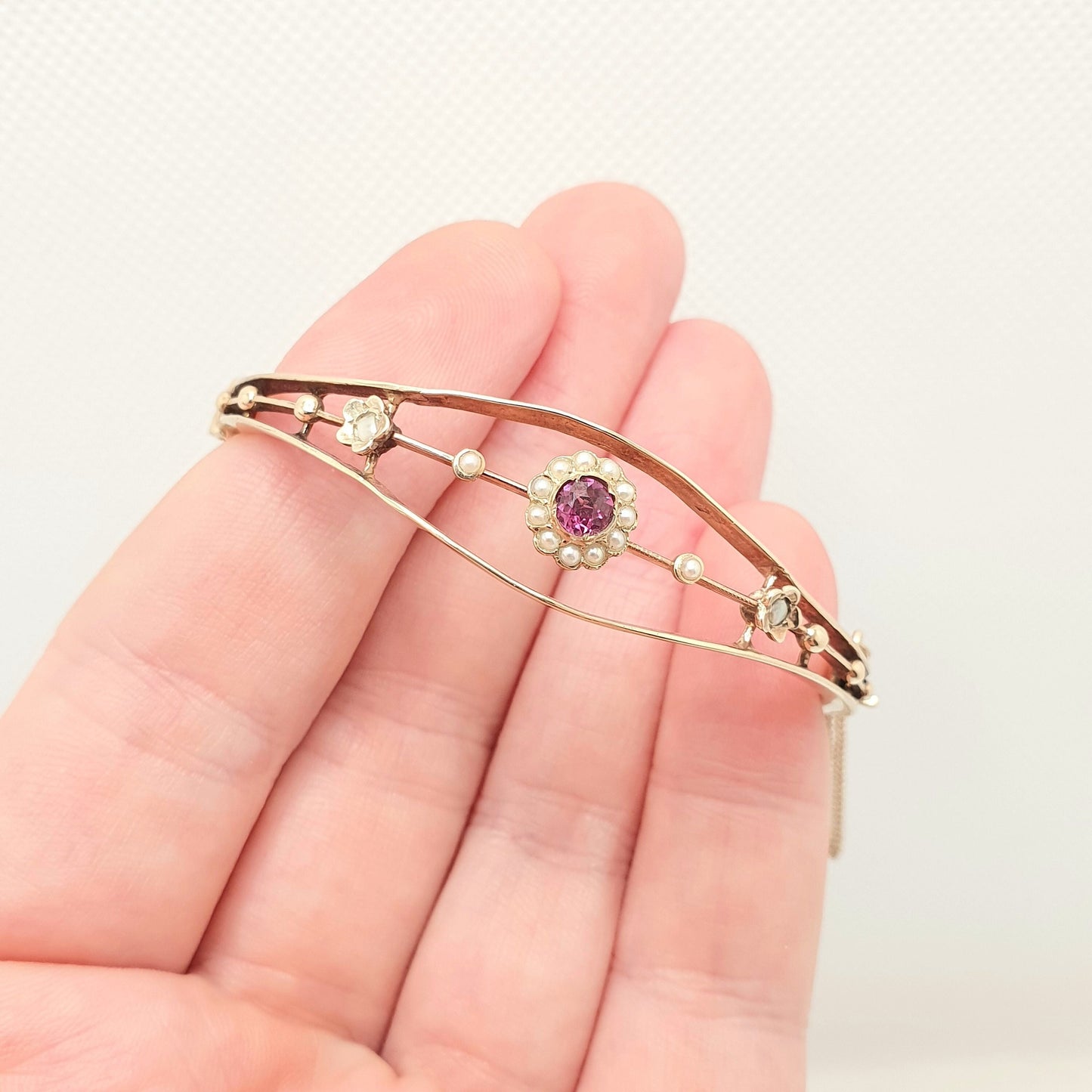 Antique Victorian 9ct Gold Pink Garnet & Pearl Bracelet Bangle Solid 9k 375 Rose Seed Pearl Late 1800s Vintage Jewelry Jewellery Womens
