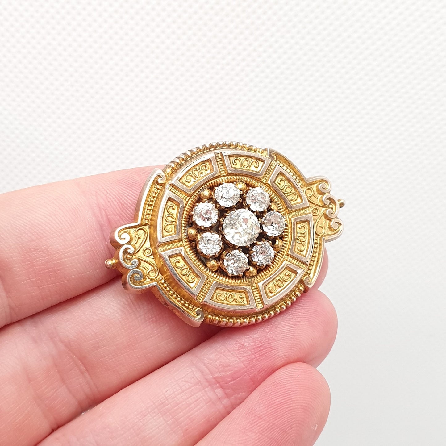 Antique Victorian 9ct Gold Diamond Paste Brooch Mourning Locket Ornate Etruscan Solid 375 Picture Photo Vintage Womens Jewelry Jewellery