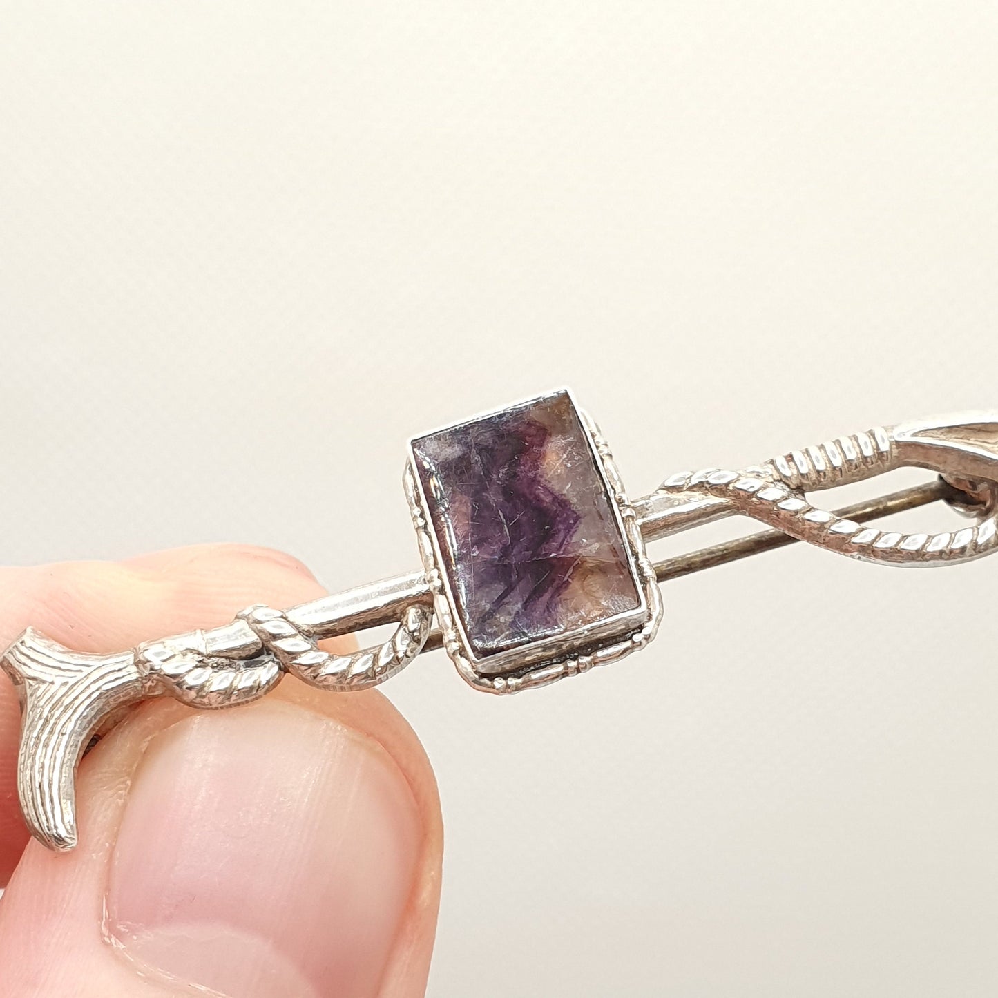 Antique Sterling Silver Blue John Brooch Riding Crop Cane Horse Horses Equestrian Fluorite Bleu Jaune Rare Gemstone Jewelry Jewellery Retro