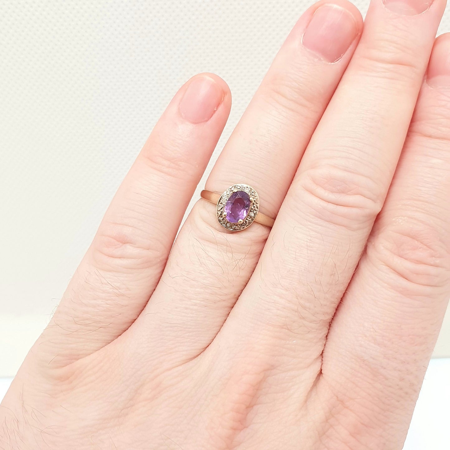 Vintage 9ct 375 Gold Amethyst & Diamond Ring Oval Cut Solid 9k Fine Estate Purple Gemstone Retro Hallmarked Womens Jewellery Jewelry