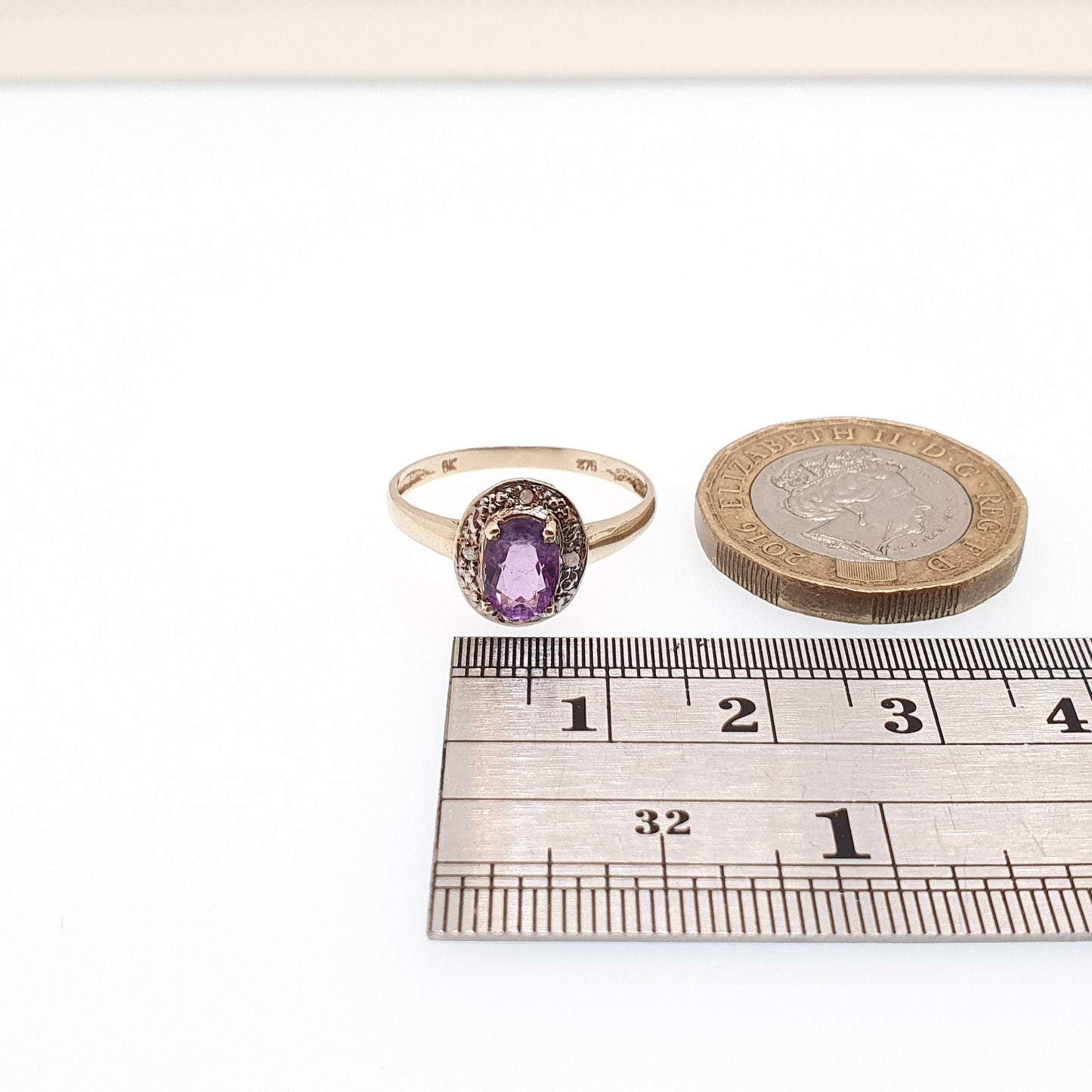 Vintage 9ct 375 Gold Amethyst & Diamond Ring Oval Cut Solid 9k Fine Estate Purple Gemstone Retro Hallmarked Womens Jewellery Jewelry