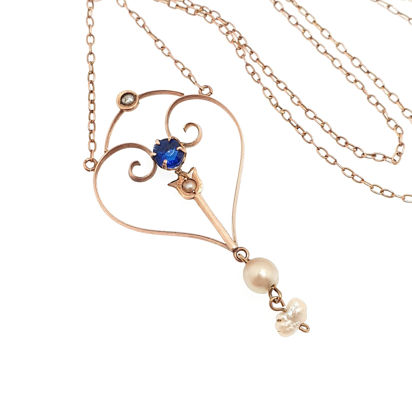 Antique 9ct Rose Gold Sapphire Paste Necklace Lavaliere Pendant Cultured Pearl Edwardian Solid 375 9k Openwork on Chain Jewellery Jewelry