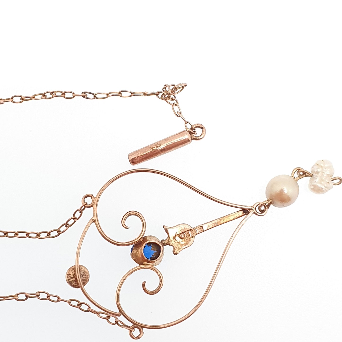 Antique 9ct Rose Gold Sapphire Paste Necklace Lavaliere Pendant Cultured Pearl Edwardian Solid 375 9k Openwork on Chain Jewellery Jewelry