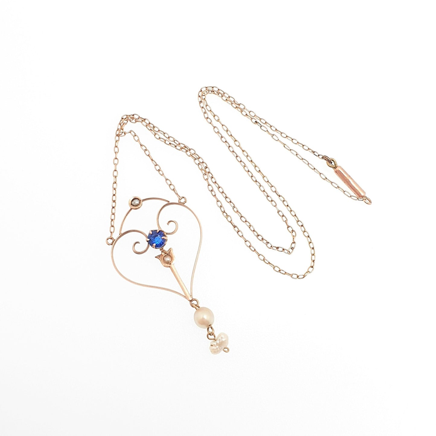 Antique 9ct Rose Gold Sapphire Paste Necklace Lavaliere Pendant Cultured Pearl Edwardian Solid 375 9k Openwork on Chain Jewellery Jewelry