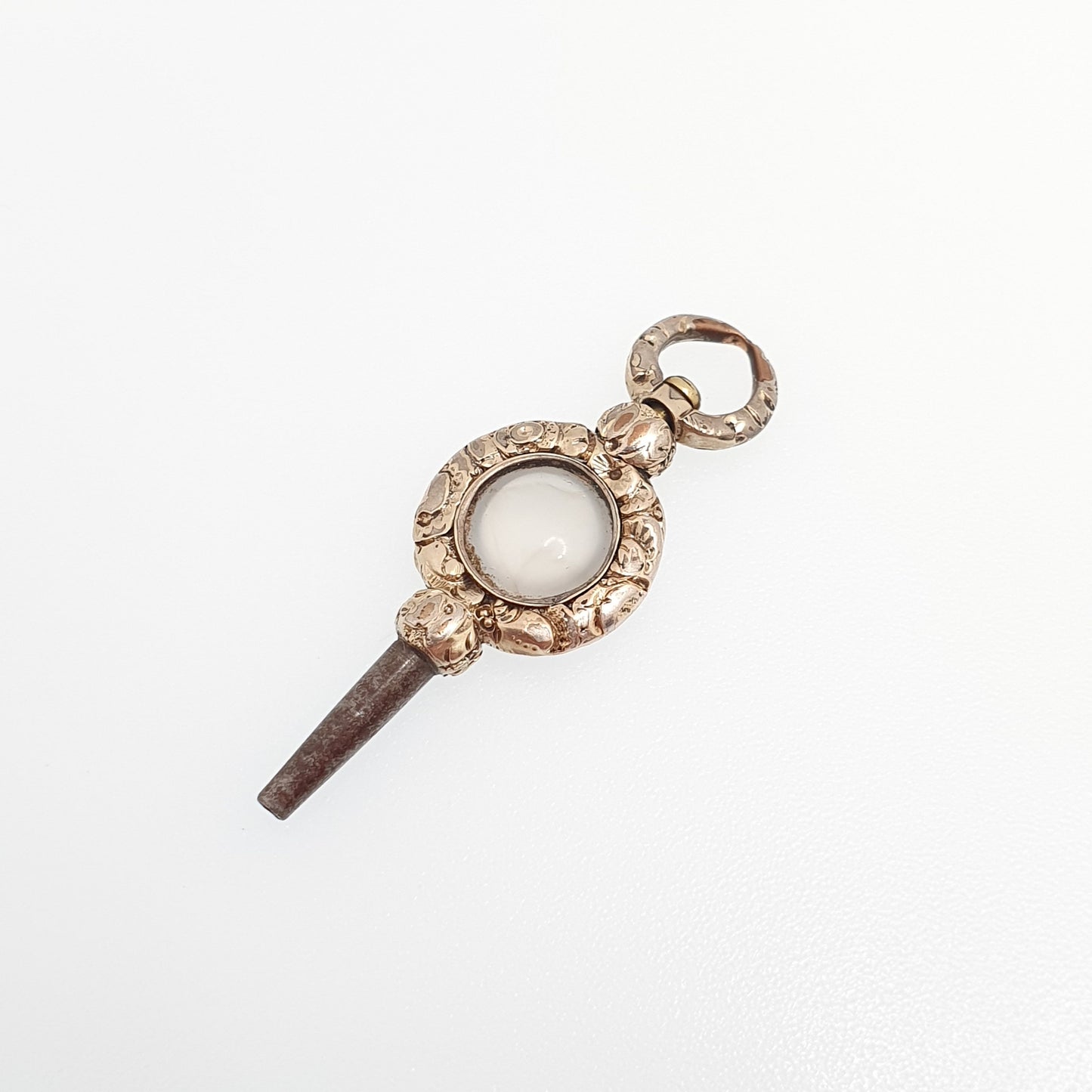 Antique Georgian Rolled Gold Pocket Watch Key Fob White Chalcedony Quartz Pendant Necklace Gold Filled Vintage Jewellery Jewelry