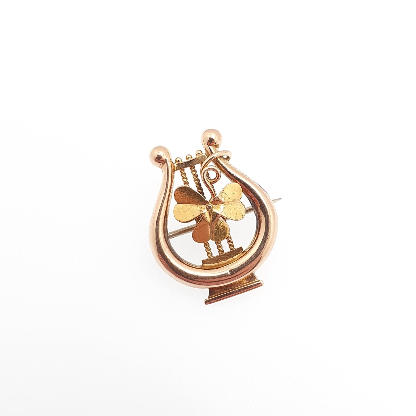 Antique 15ct Gold Cover Brooch Victorian Irish Lyre Harp Three Leaf Solid 625 15 Carat Lucky Good Luck Celtic Jewelry Womens Jewellery