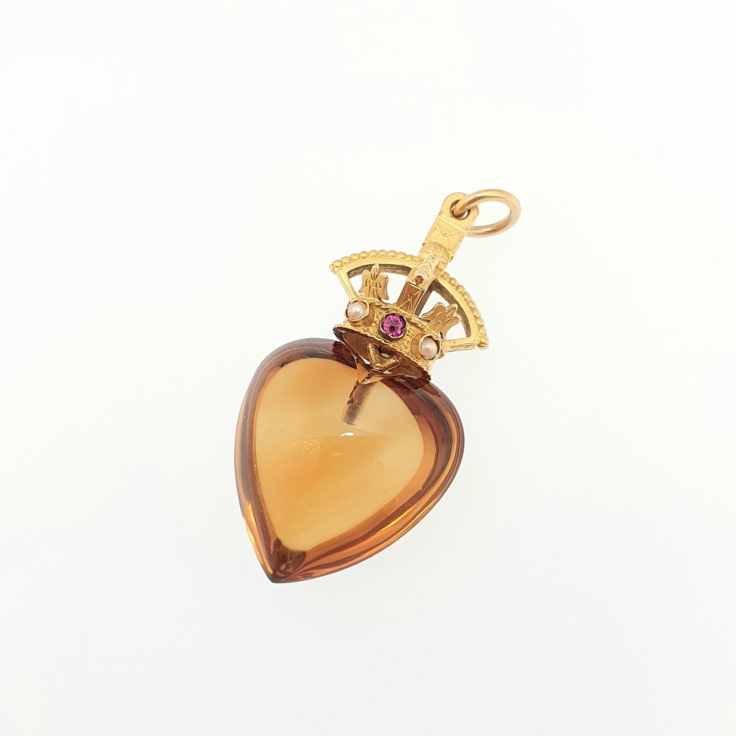 Antique Victorian 9ct Gold Citrine Crown Heart Pendant Necklace Scottish Style Rare Gemstone Solid 375 Vintage Womens Jewelry Jewellery