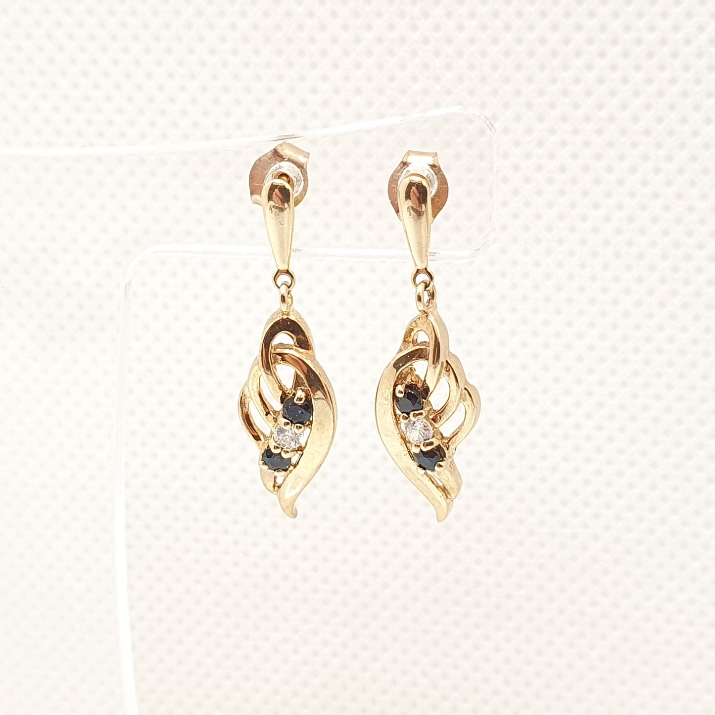 Vintage 9ct 9kt Gold Sapphire Earrings Teardrop Leaf Solid 375 Hallmarked CZ Stud Sparkly Fine Estate Retro 1980s Cute Ladies Womens