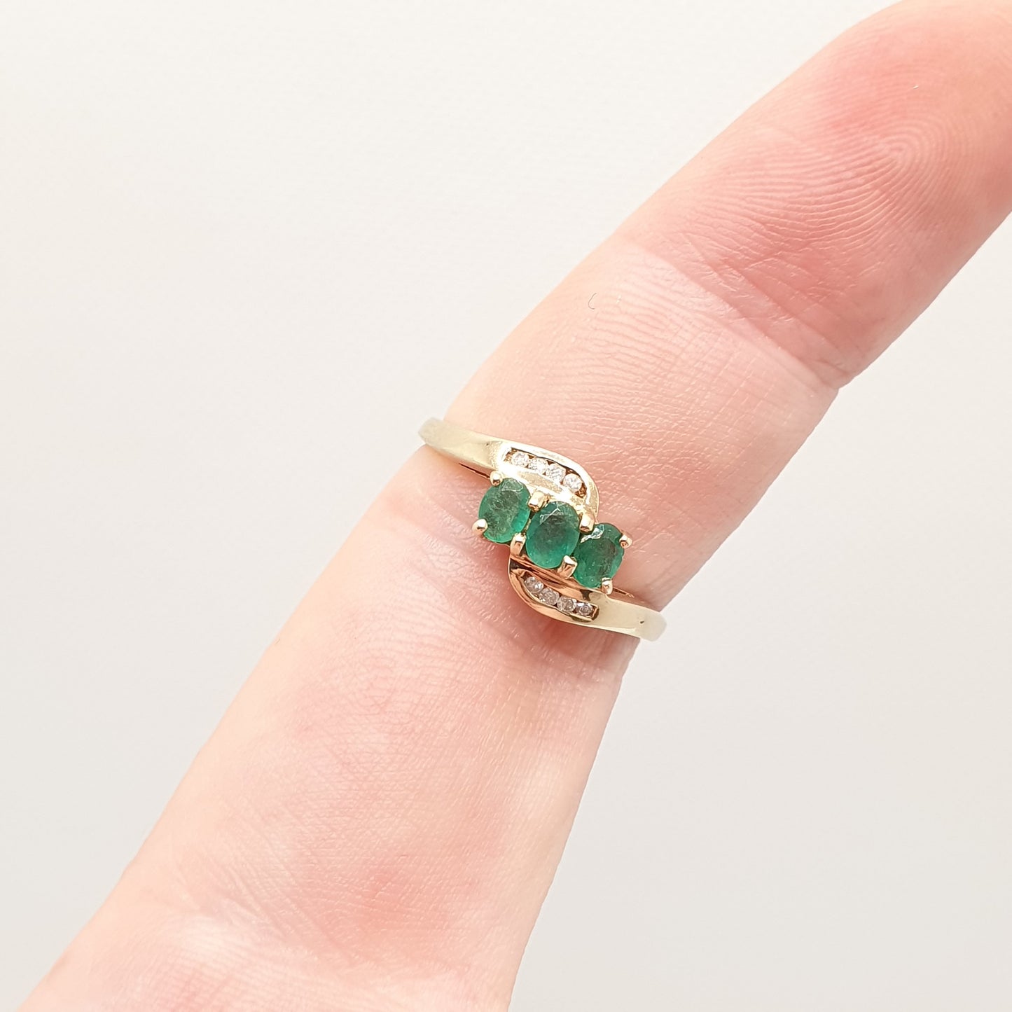 Vintage 9k Gold Emerald Diamond Ring Trilogy Oval Cut Solid 9ct 375 Estate Fine Retro Genuine Gemstone Real Jewelry Jewellery Womens