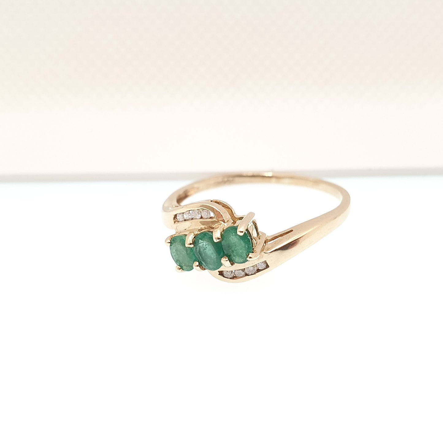 Vintage 9k Gold Emerald Diamond Ring Trilogy Oval Cut Solid 9ct 375 Estate Fine Retro Genuine Gemstone Real Jewelry Jewellery Womens