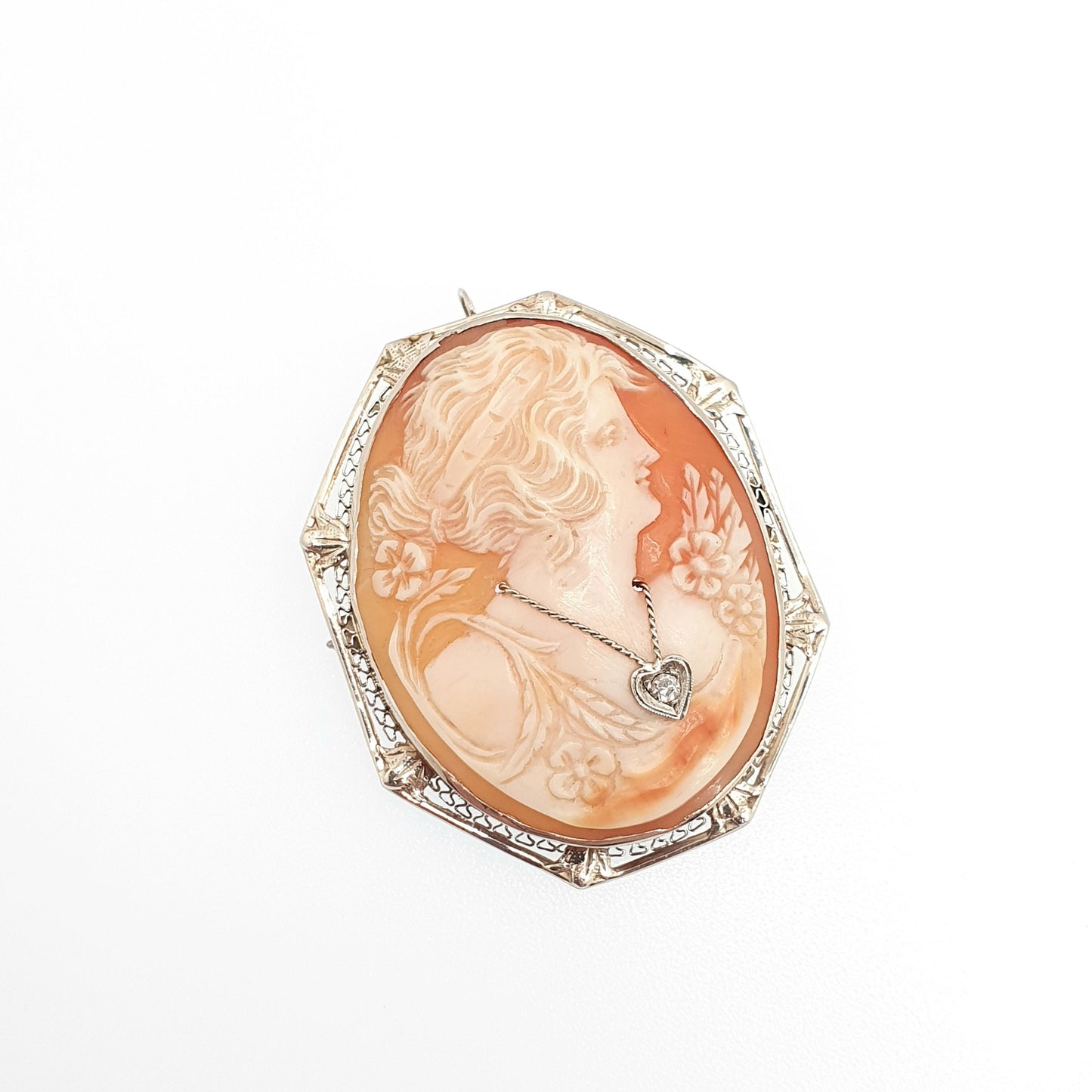 Old Vintage 14k Gold Cameo Pendant Brooch Diamond Necklace Heart Solid 14kt 585 White Gold Fine Large Big Shell Estate Jewelry Jewellery