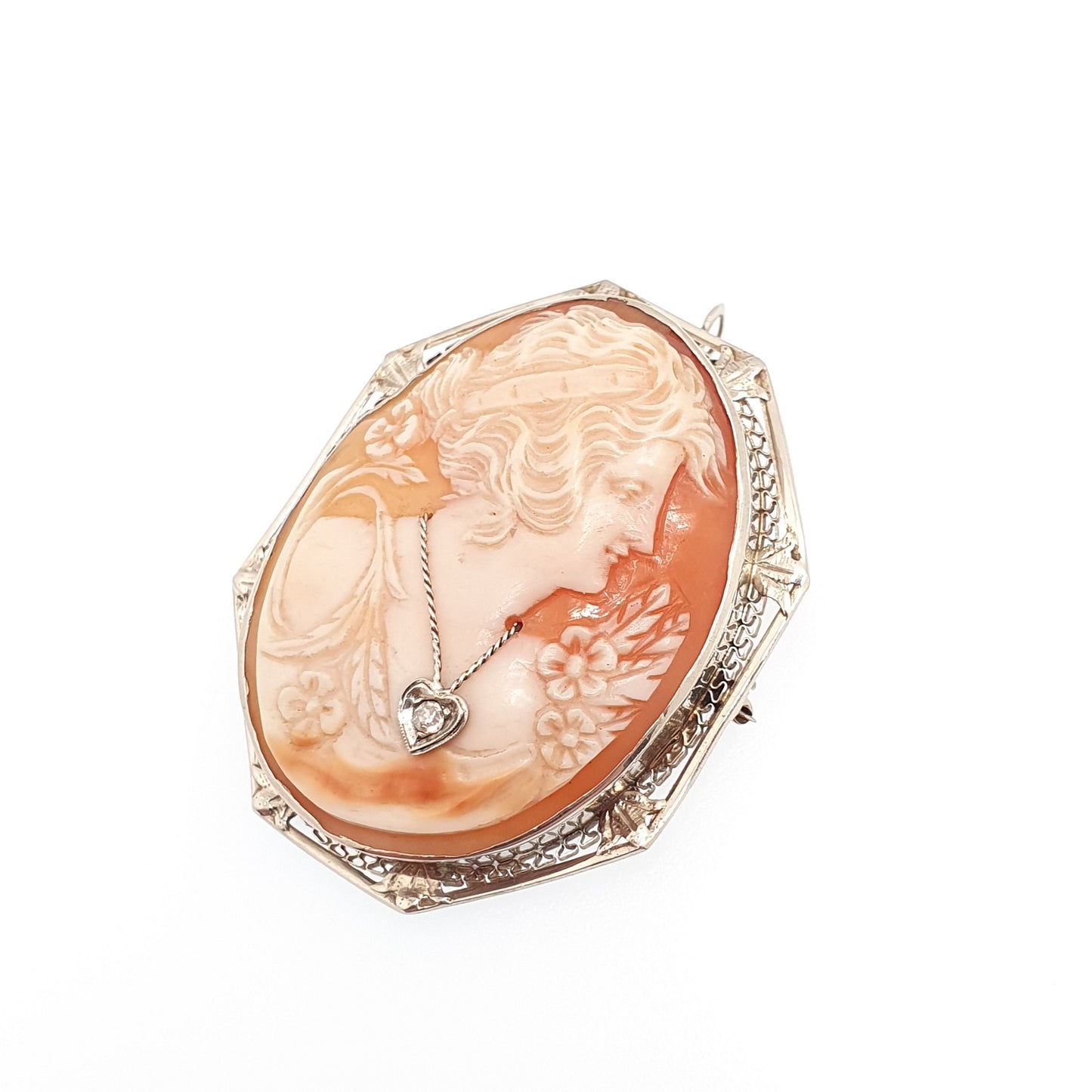 Old Vintage 14k Gold Cameo Pendant Brooch Diamond Necklace Heart Solid 14kt 585 White Gold Fine Large Big Shell Estate Jewelry Jewellery