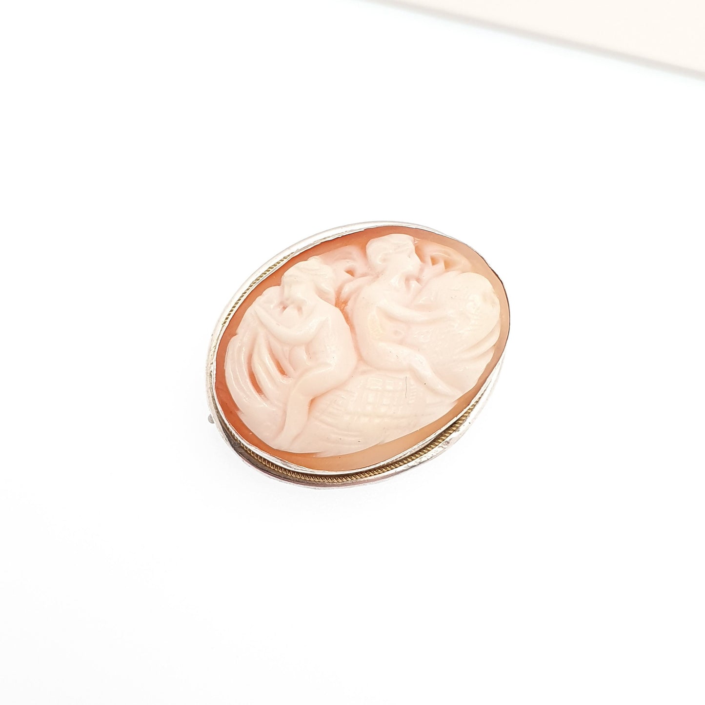 Antique Solid Silver Cherub Cameo Brooch 2 Two Angels Hand Carved Shell Rare Unique Unusual Italian Vintage Ladies Womens Jewelry Jewellery