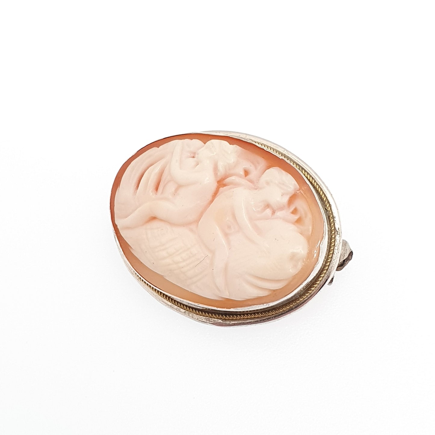 Antique Solid Silver Cherub Cameo Brooch 2 Two Angels Hand Carved Shell Rare Unique Unusual Italian Vintage Ladies Womens Jewelry Jewellery