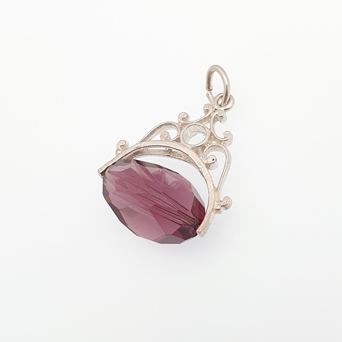 Vintage Sterling Silver Spinner Fob Necklace Pendant Victorian Revival Amethyst Paste Glass Purple Gemstone Mens Womens Jewelry Jewellery