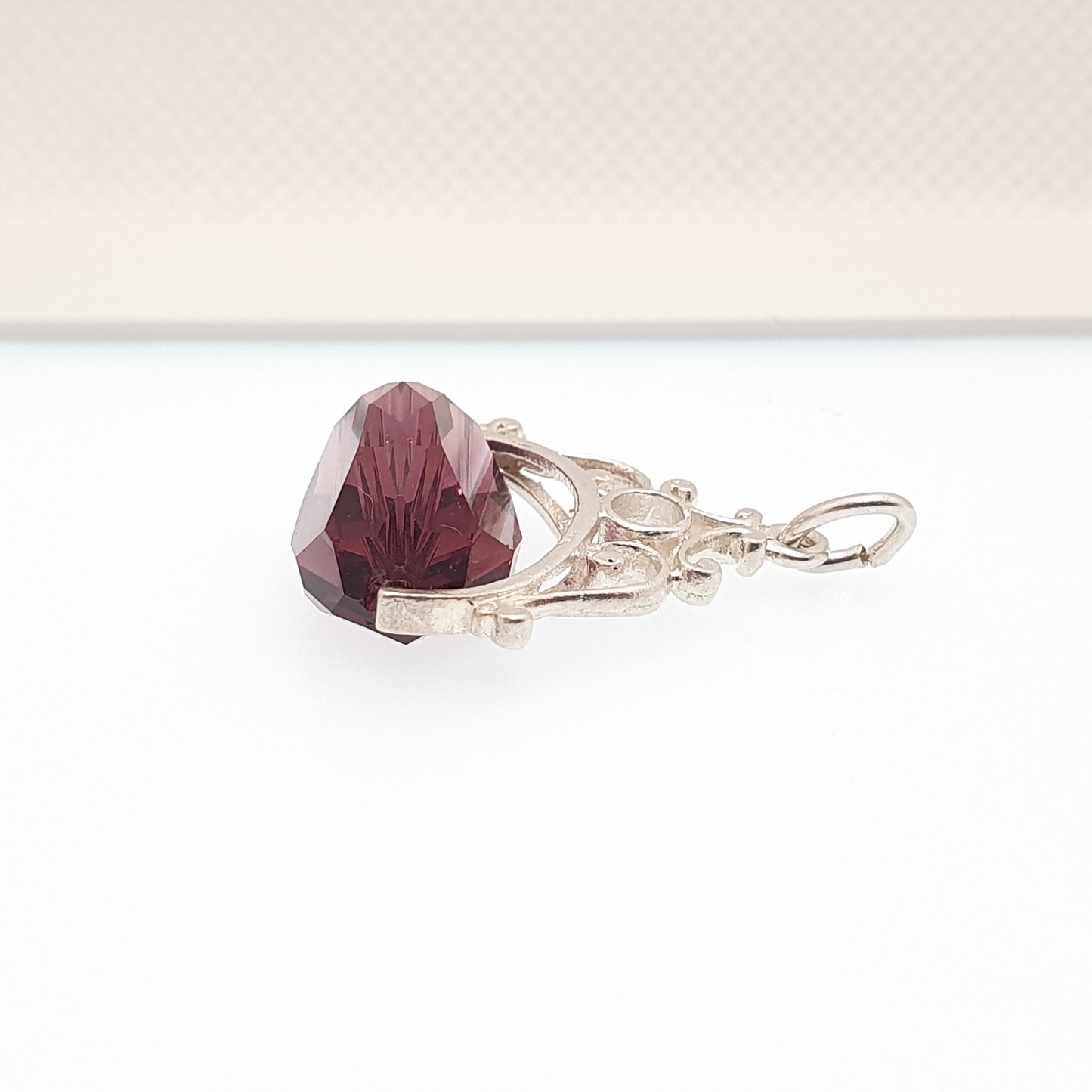 Vintage Sterling Silver Spinner Fob Necklace Pendant Victorian Revival Amethyst Paste Glass Purple Gemstone Mens Womens Jewelry Jewellery