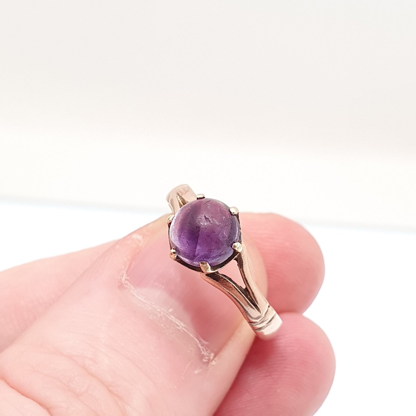 Antique 9ct 9k Rose Gold Amethyst Ring 1913 Hallmarked Solitaire Cabochon Solid 375 Genuine Gemstone Vintage 1910s Womens Jewelry Jewellery