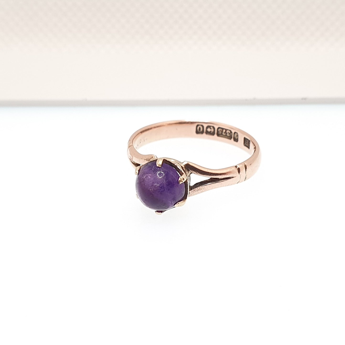 Antique 9ct 9k Rose Gold Amethyst Ring 1913 Hallmarked Solitaire Cabochon Solid 375 Genuine Gemstone Vintage 1910s Womens Jewelry Jewellery