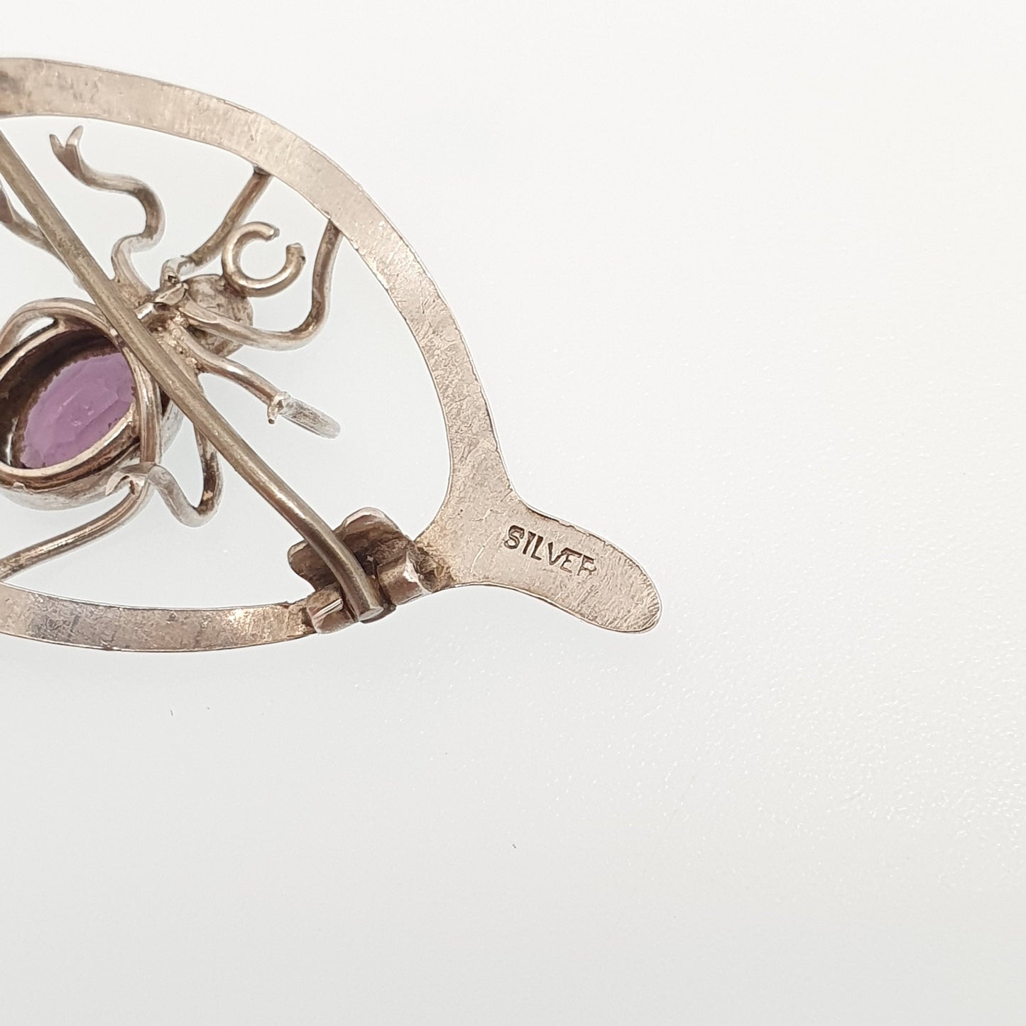 Antique Solid Silver Spider Brooch Wishbone Amethyst Paste Lucky Solid 925 Spiders Spiderweb Good Luck Womens Vintage Jewelry Jewellery