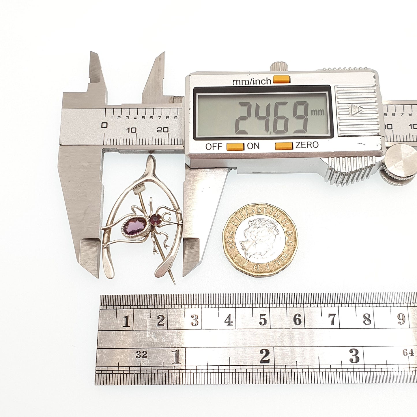 Antique Solid Silver Spider Brooch Wishbone Amethyst Paste Lucky Solid 925 Spiders Spiderweb Good Luck Womens Vintage Jewelry Jewellery