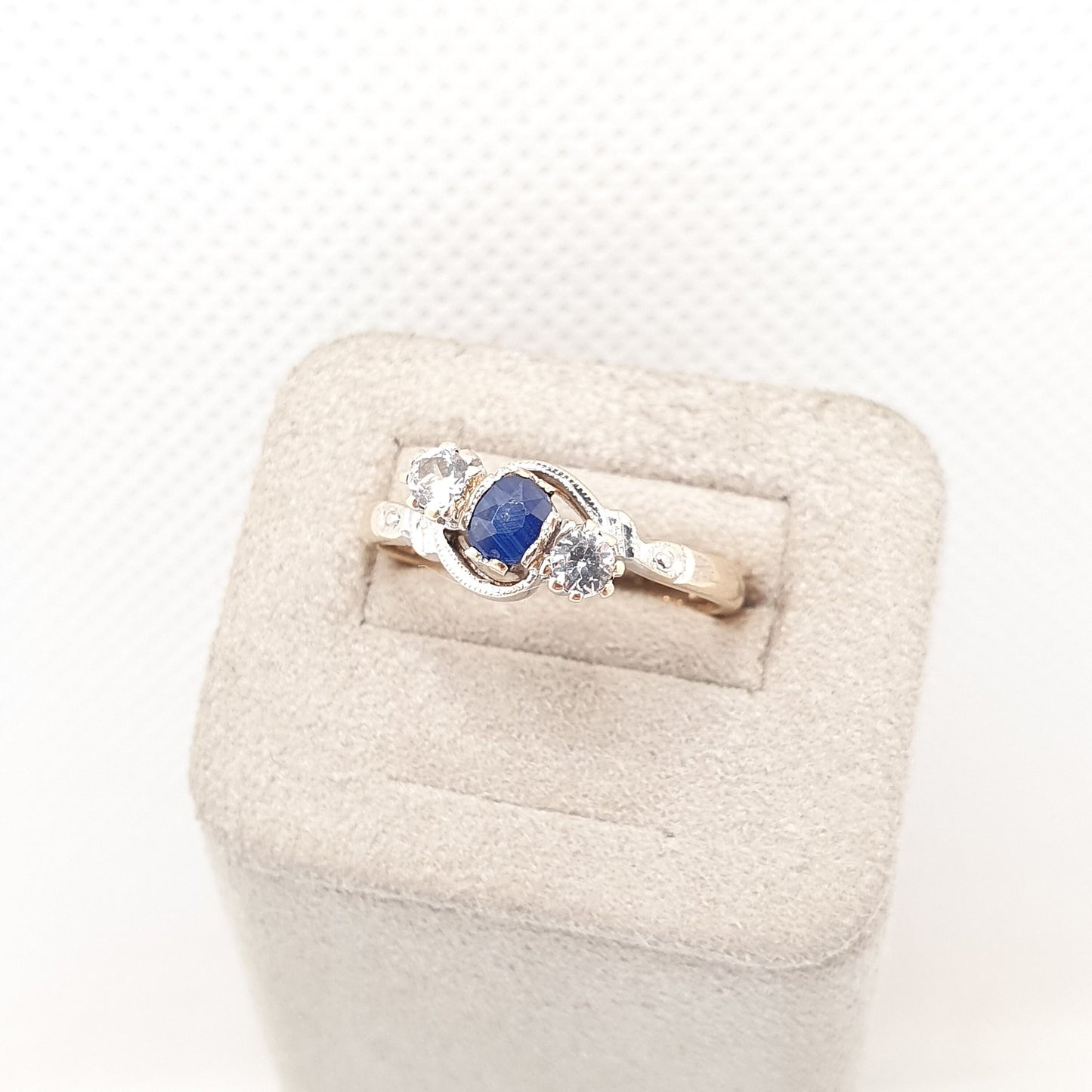 Vintage Sapphire 9ct Gold Ring White Spinel Solid 9k 375 Trilogy Three 1966 Hallmark Large Gemstones Fine Estate Womens Jewelry Jewellery