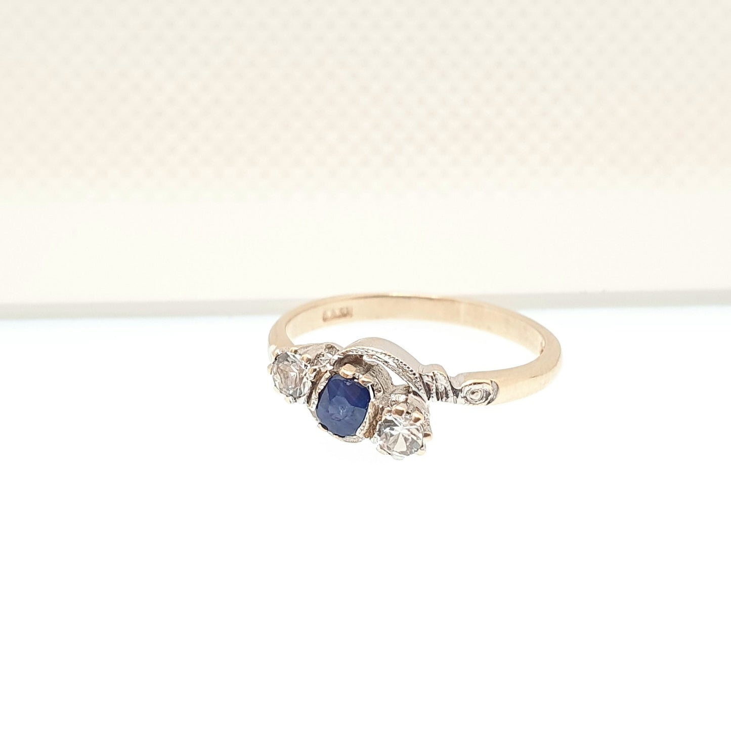 Vintage Sapphire 9ct Gold Ring White Spinel Solid 9k 375 Trilogy Three 1966 Hallmark Large Gemstones Fine Estate Womens Jewelry Jewellery