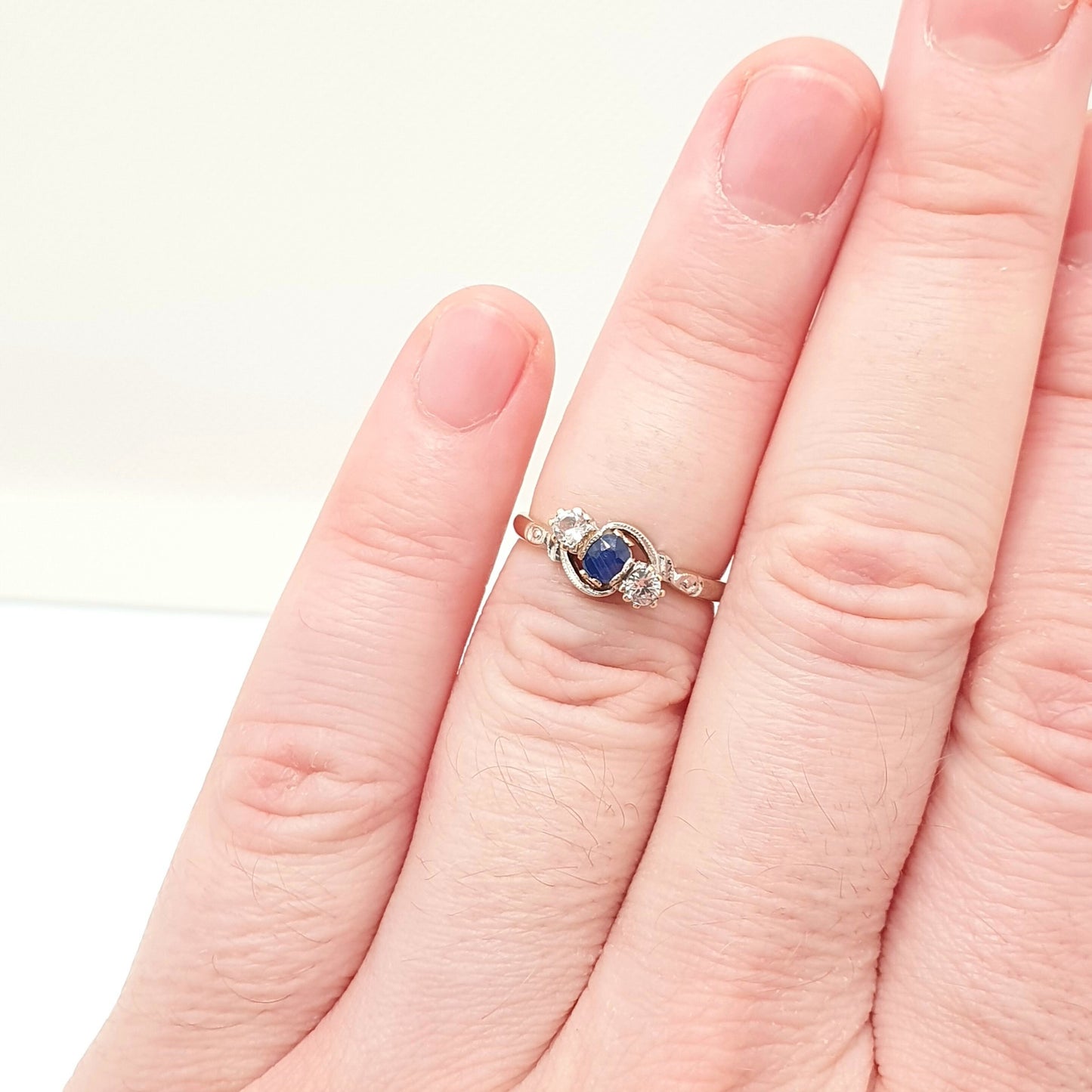 Vintage Sapphire 9ct Gold Ring White Spinel Solid 9k 375 Trilogy Three 1966 Hallmark Large Gemstones Fine Estate Womens Jewelry Jewellery