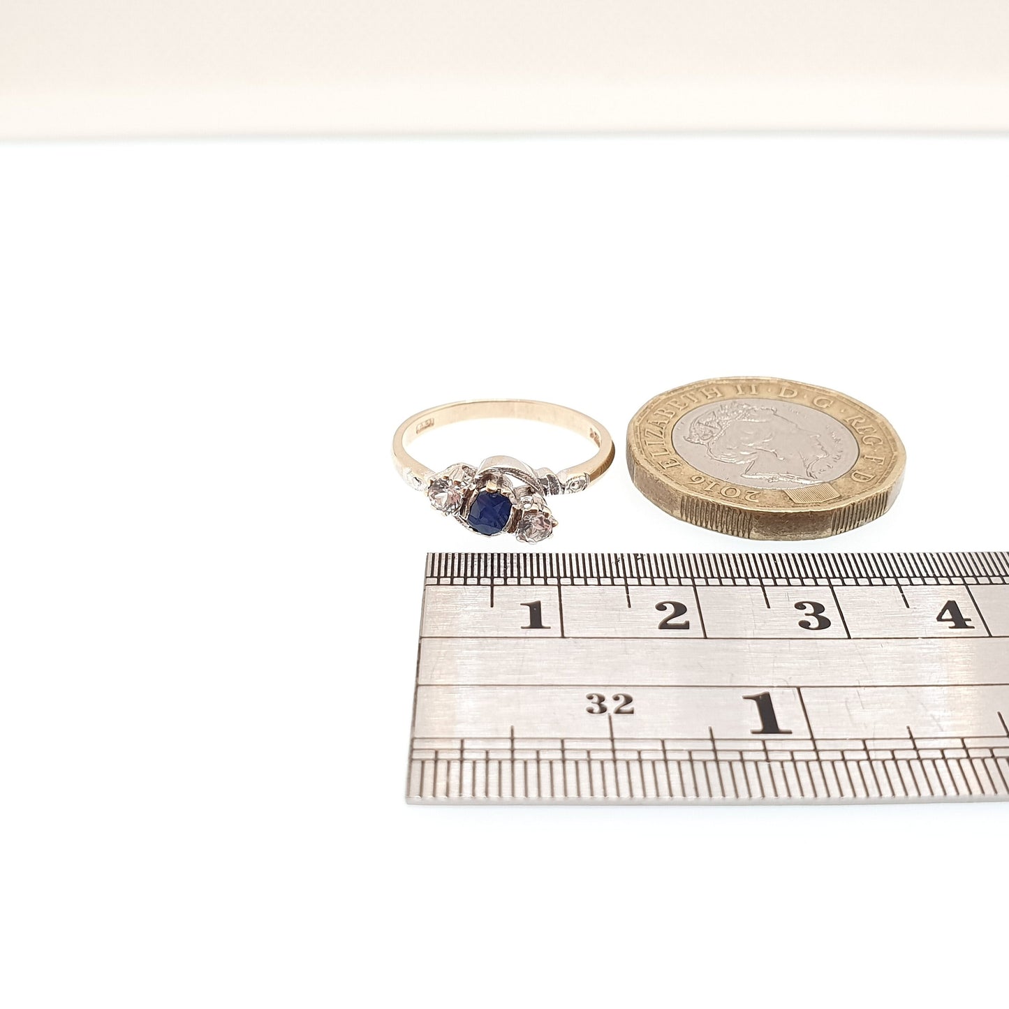 Vintage Sapphire 9ct Gold Ring White Spinel Solid 9k 375 Trilogy Three 1966 Hallmark Large Gemstones Fine Estate Womens Jewelry Jewellery