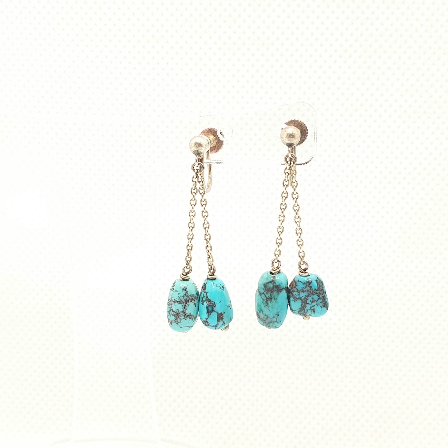 Antique 9ct Gold Natural Turquoise Earrings Matrix Pendulum Solid 9k 375 White Gold Dangle Pebble Art Deco Vintage Jewelry Womens Jewellery