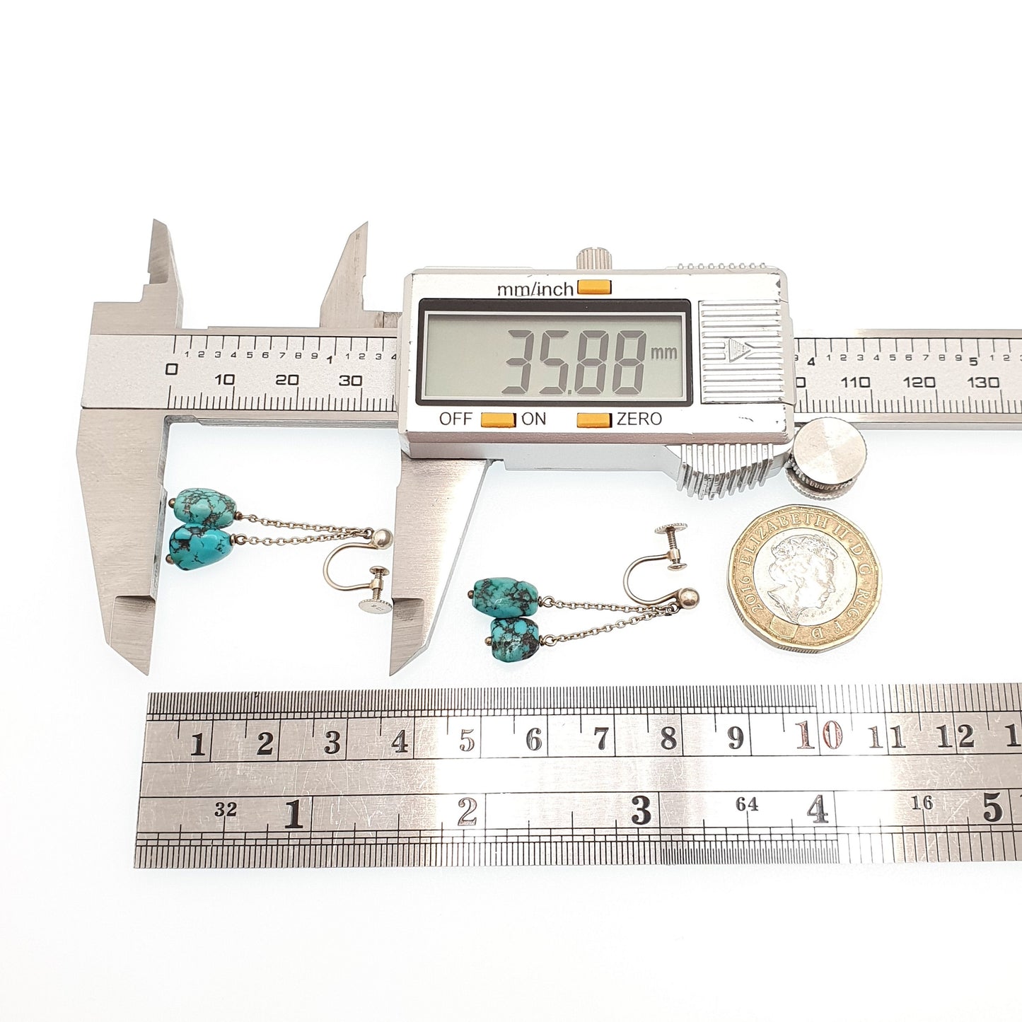 Antique 9ct Gold Natural Turquoise Earrings Matrix Pendulum Solid 9k 375 White Gold Dangle Pebble Art Deco Vintage Jewelry Womens Jewellery