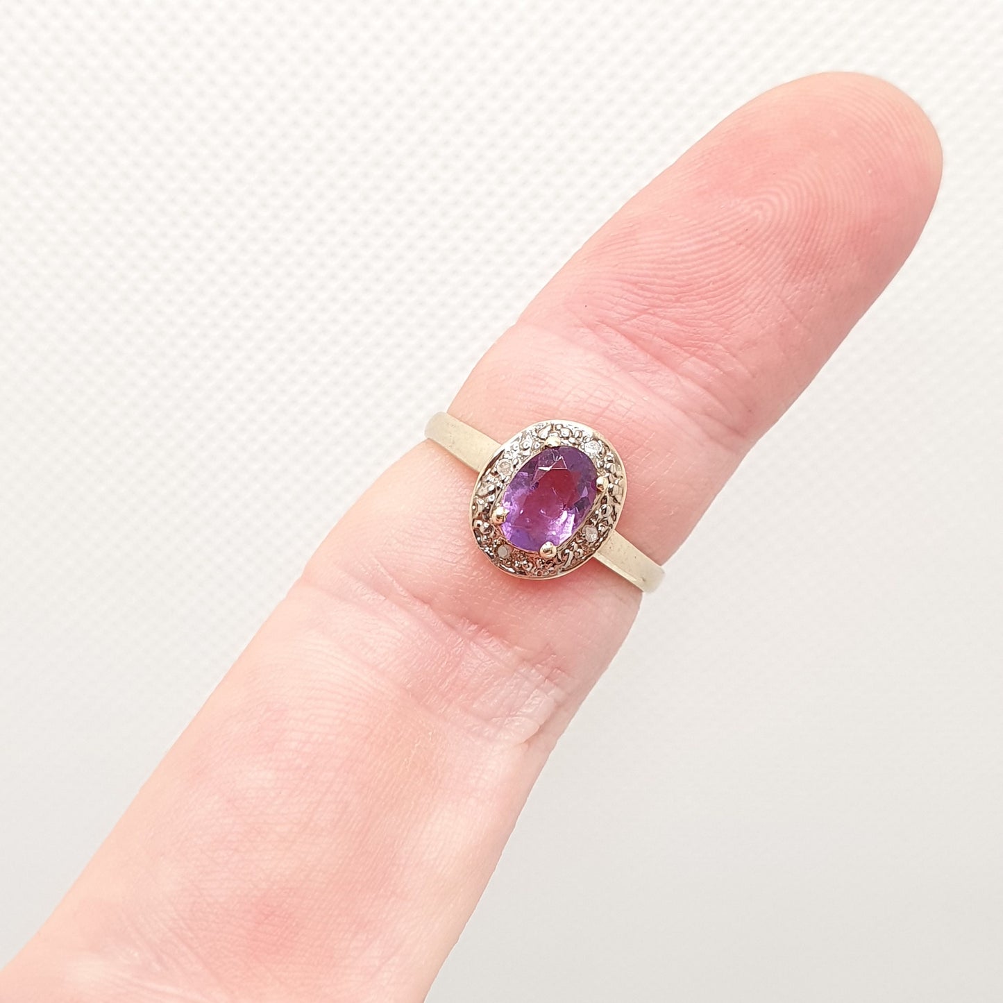 Vintage 9ct 375 Gold Amethyst & Diamond Ring Oval Cut Solid 9k Fine Estate Purple Gemstone Retro Hallmarked Womens Jewellery Jewelry