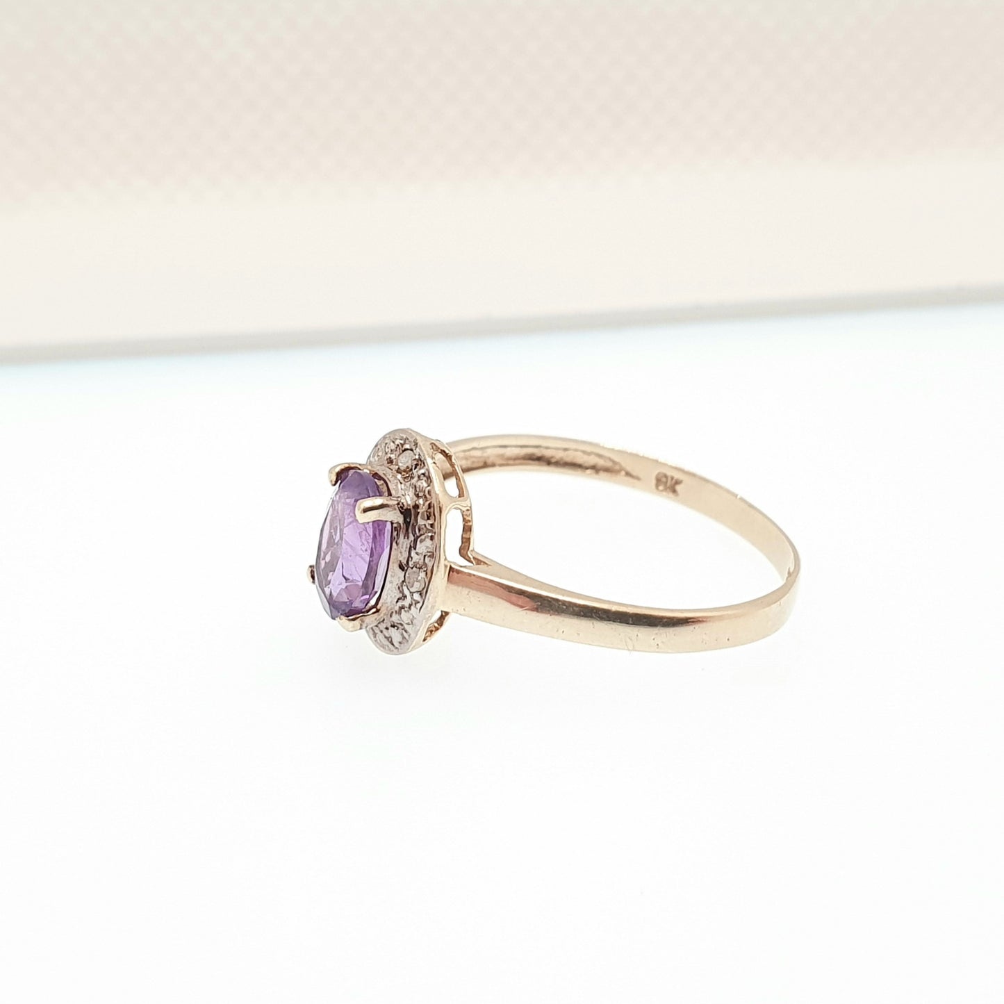 Vintage 9ct 375 Gold Amethyst & Diamond Ring Oval Cut Solid 9k Fine Estate Purple Gemstone Retro Hallmarked Womens Jewellery Jewelry